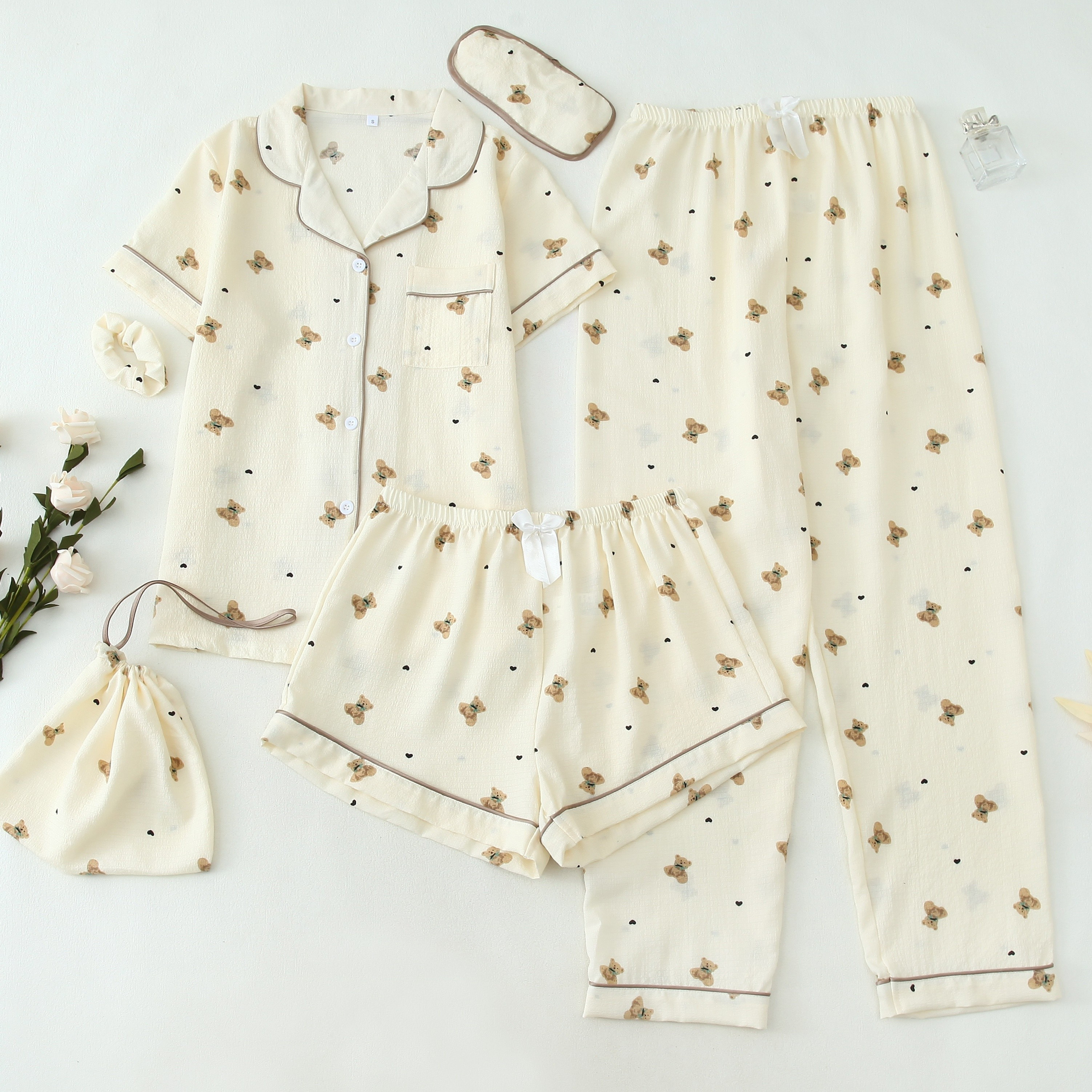 

Women's Casual Polyester Pajama Set With Animal Teddy - 6pcs Sleepwear With Lapel Collar, Woven Fabric, Detail - 95% Polyester, 5% Elastane