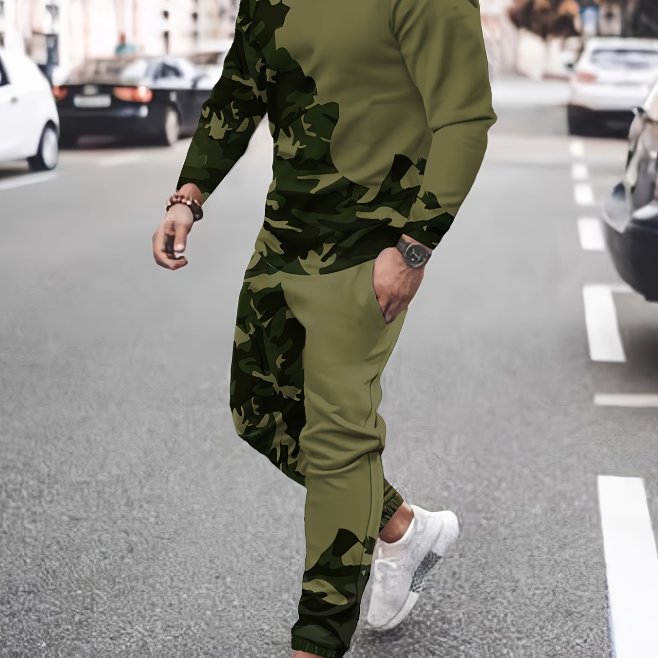 

2pcs Men's Camo Casual Sports Outfit - Soft 100% Polyester Round Neck T-shirt & Jogger Set, Breathable With Slight Stretch, Ideal For Spring/ & Casual Attire, Jogging Pants