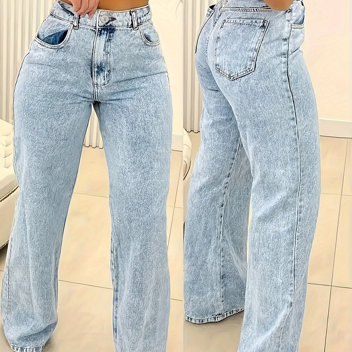 

Plain Washed Blue High Rise Casual Loose Fit Versatile Women's Jeans, Zipper Button Closure Denim Pants For Fall