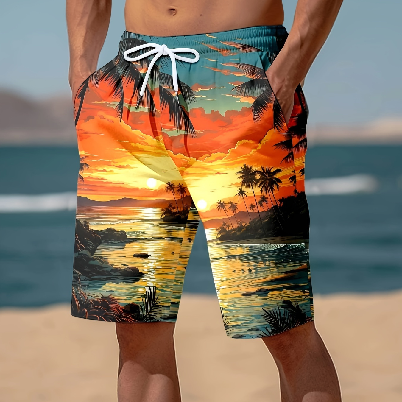 

Men's Hawaiian 3d Digital Beach Themed Sunset Pattern And Graphic Print Regular Fit Shorts With Drawstring, Casual And Chic Sports Pants Perfect For Summer Fitness And Outdoors Activities