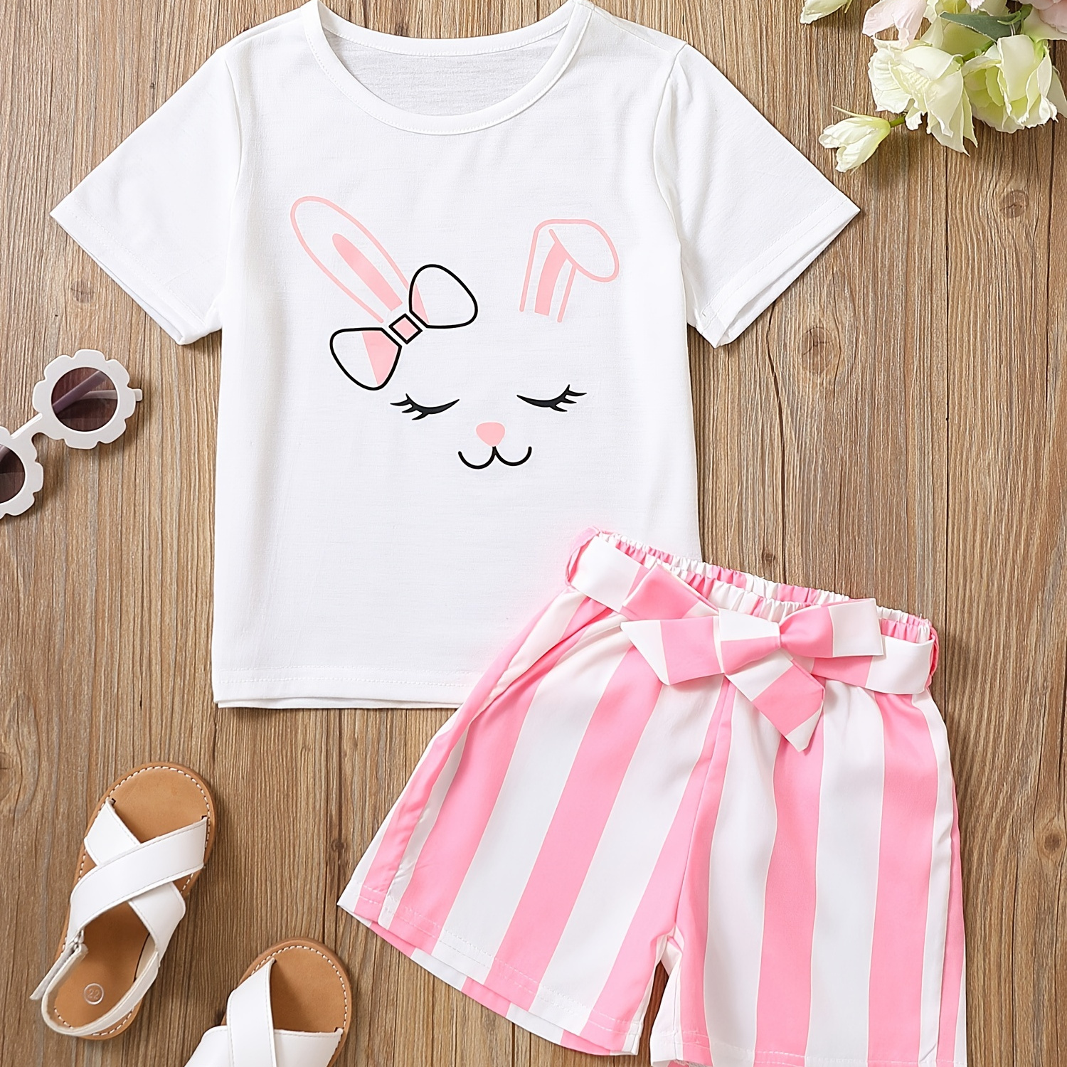 

2pcs Toddler Girls Easter Cartoon Bunny Graphic T-shirts Round Neck Short Sleeve Tees Top & Elastic Waist Belted Stripe Shorts Set Kids Summer Clothes