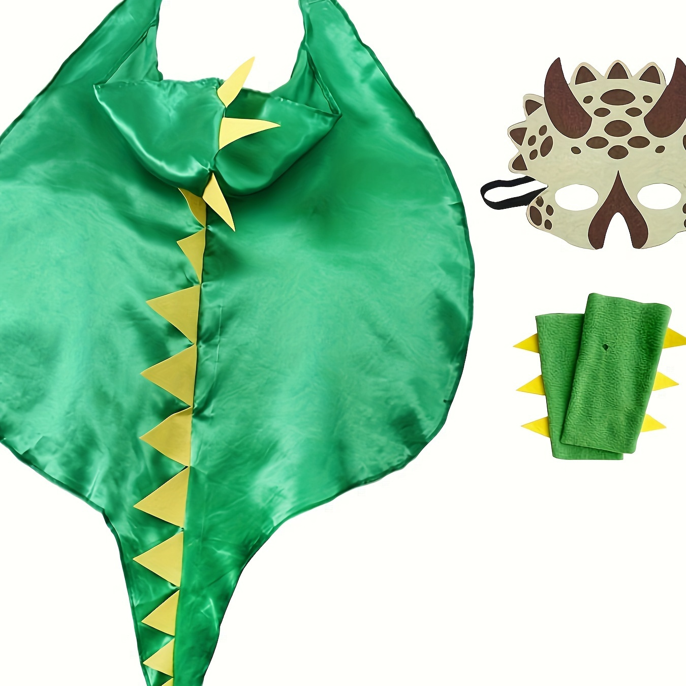 

Boys Dinosaur Cape With Mask, Green Satin Dragon Clothing Set, Party Pretend Outfit, With Matching Wristbands And Hood