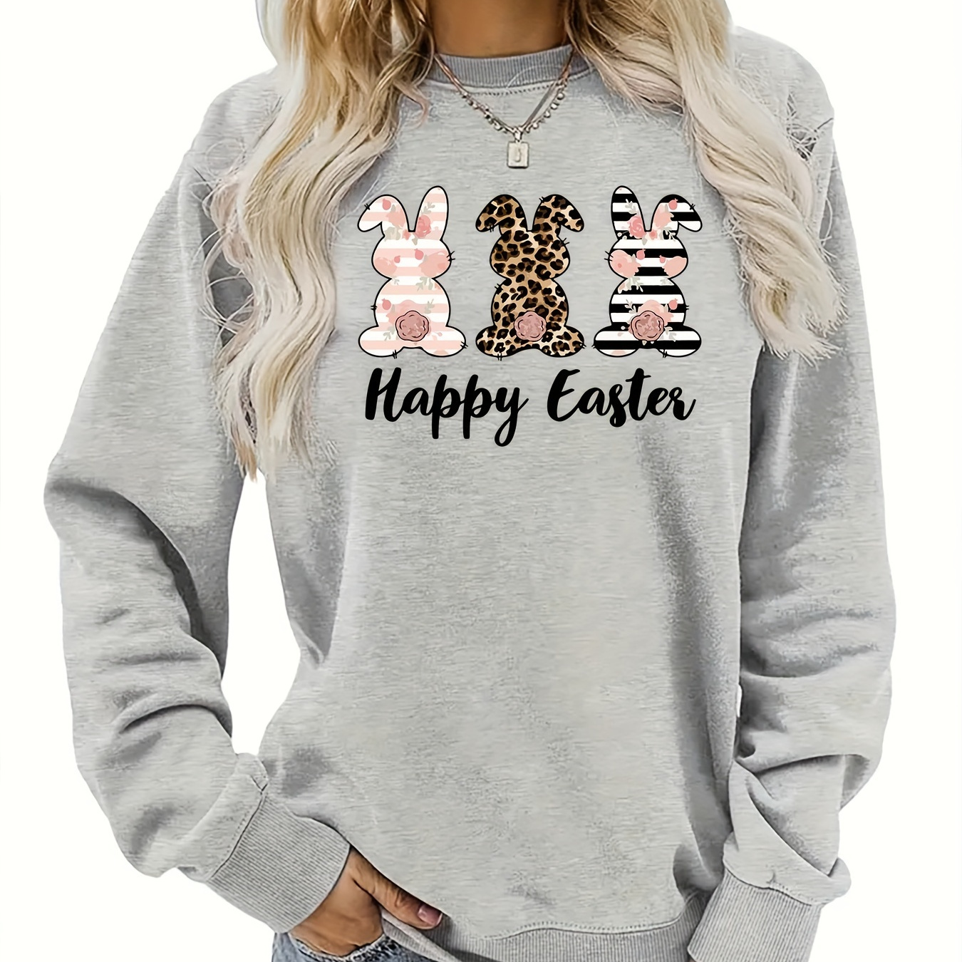 

Happy Bunny Print Pullover Sweatshirt, Cute Long Sleeve Crew Neck Sweatshirt, Women's Clothing