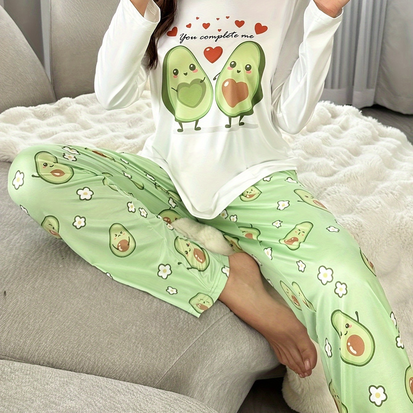 

Women's Avocado Print Pajama Set - Casual Crew Neck Long Sleeve Top With Patterned Pants, Polyester And Elastane Knit, Comfortable Sleepwear For All