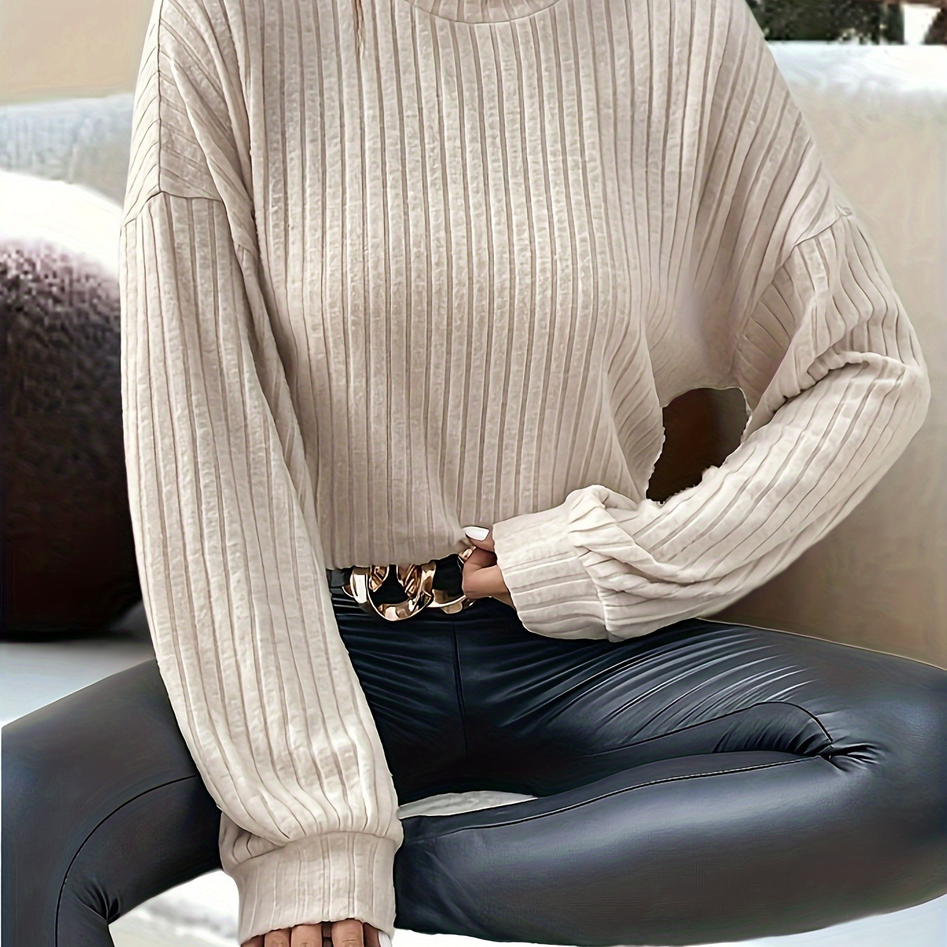 

Ribbed Knit Mock Neck T-shirt, Casual Long Sleeve Drop Shoulder Top For Spring & Fall, Women's Clothing