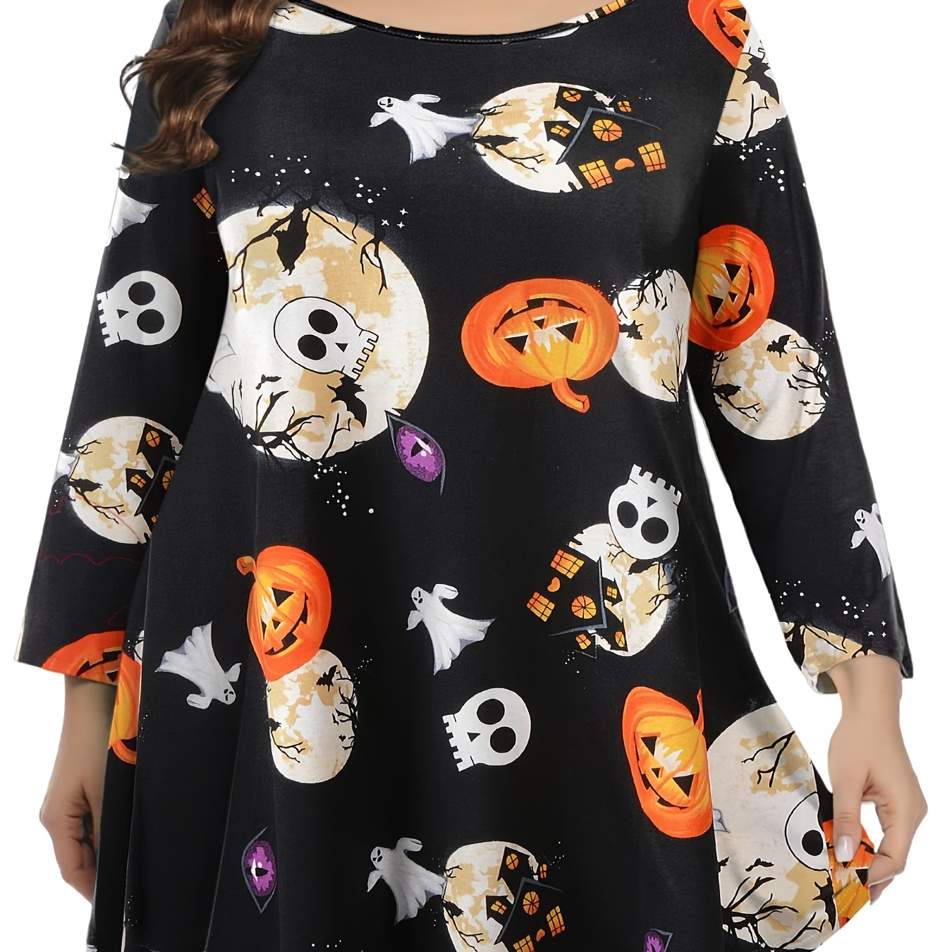 

Plus Size Halloween T-shirt, Women's Plus Cartoon Ghost & Pumpkin Print Long Sleeve Round Neck Flare Hem Slight Stretch Tee