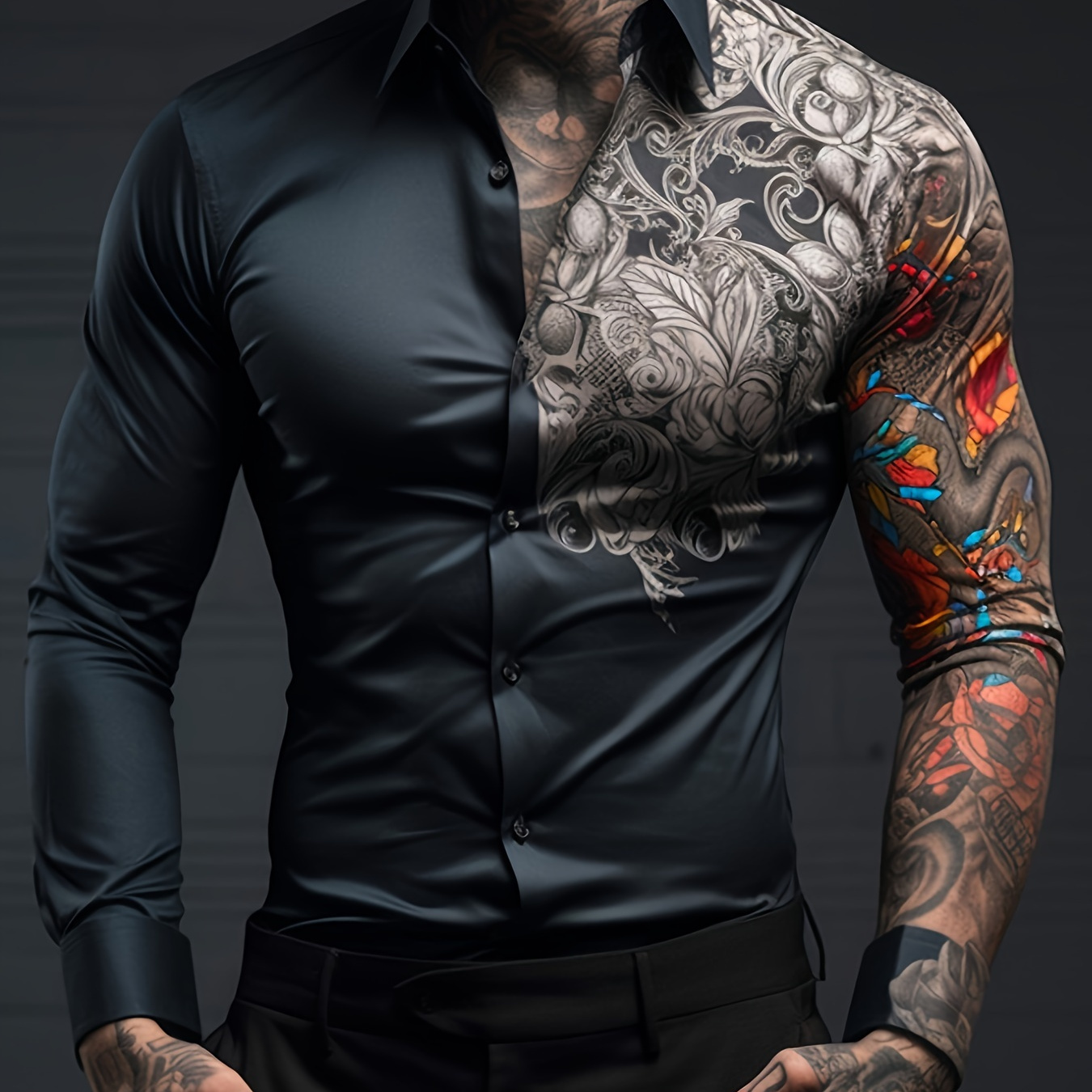 

Vintage Ethnic Style Pattern Men's Long Sleeve Button Up Shirt, Spring Fall, Banquet Party Dress