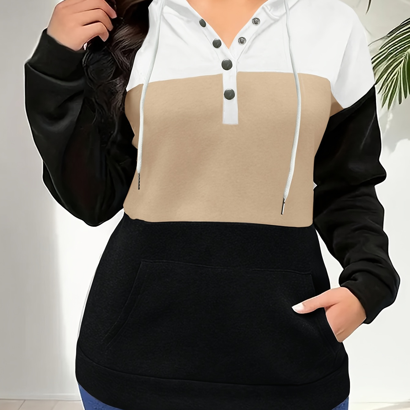 

Women's Casual Hoodie With Button Detail - Long Sleeve, Drawstring, Polyester , Machine Washable