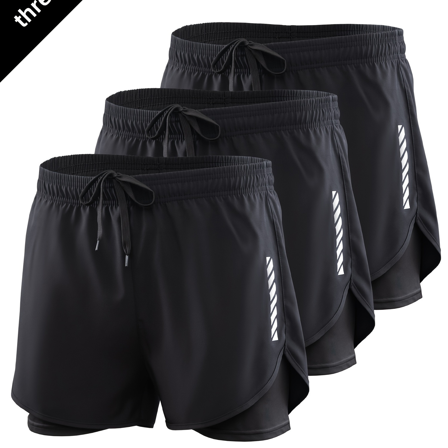 

3pcs Men's Athletic Shorts - Breathable, Stretchy Running & Fitness 2-in-1 Design With Drawstring Waist For Summer Training And Outdoor Activities, Gym Shorts