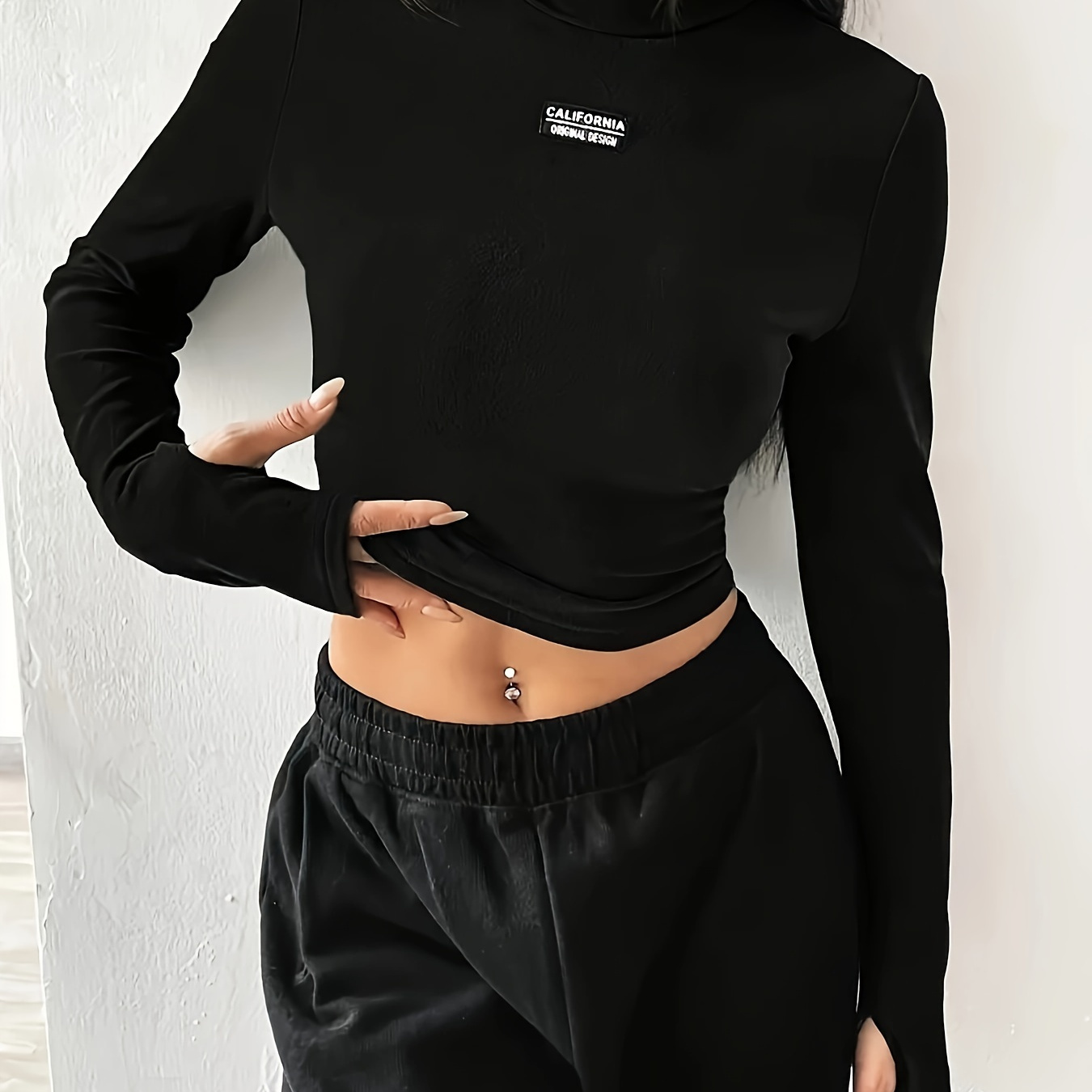 

Women's Elegant Polyester High Neck Crop Top T-shirt With Patch Detail - Solid Color Long Sleeve Knit Fabric Blouse For All