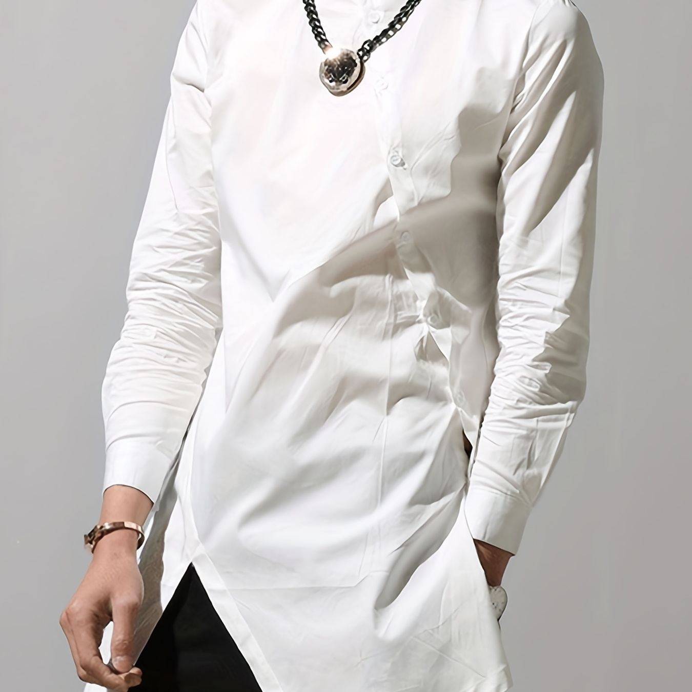 

Men's Shirt Top Turn-down Collar Long Sleeve Closure Asymmetric Hem Solid Male Casual Shirt For Daily Stylish Streetwear