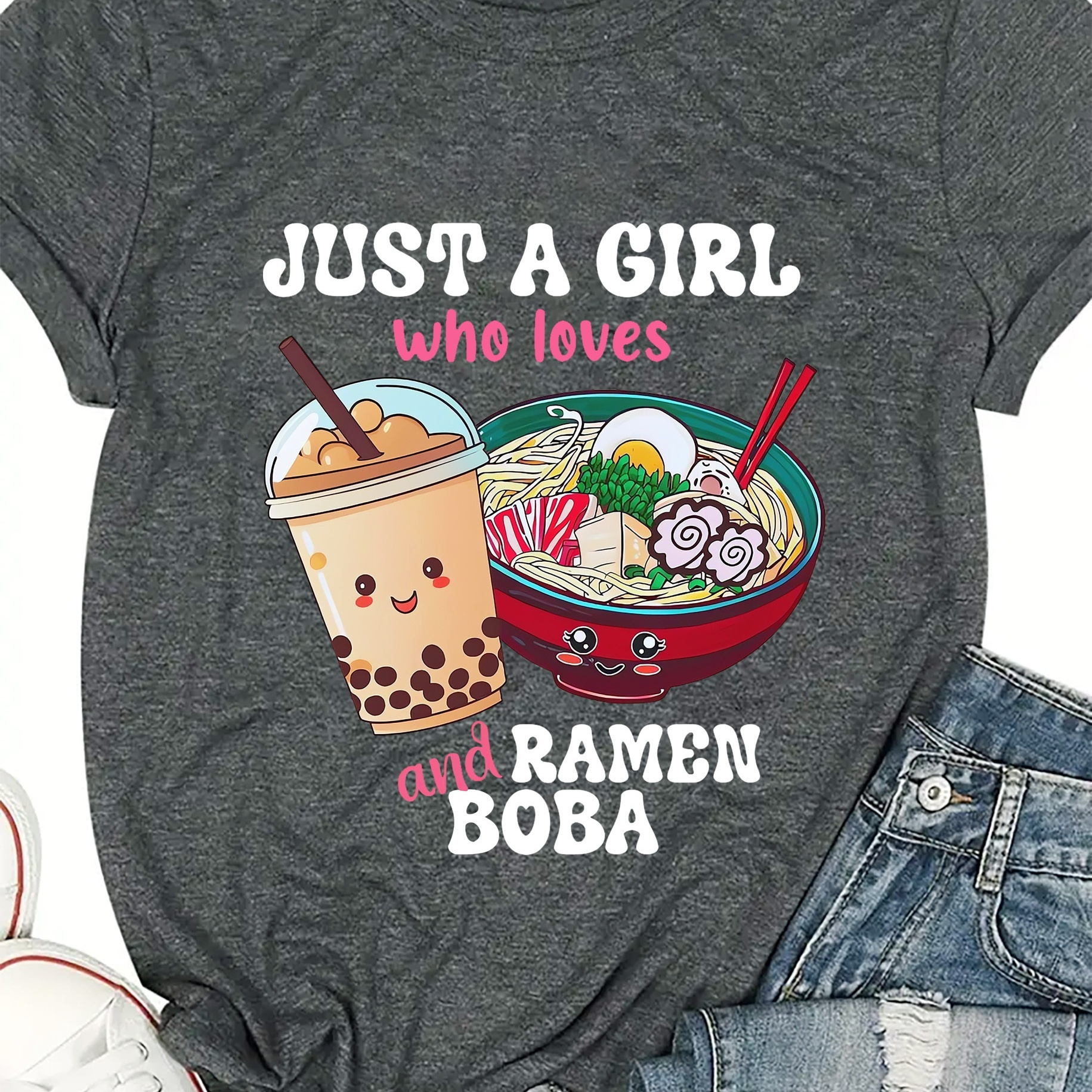 

Ramen Letter Printing Women's Summer Fit Round Neck T-shirt