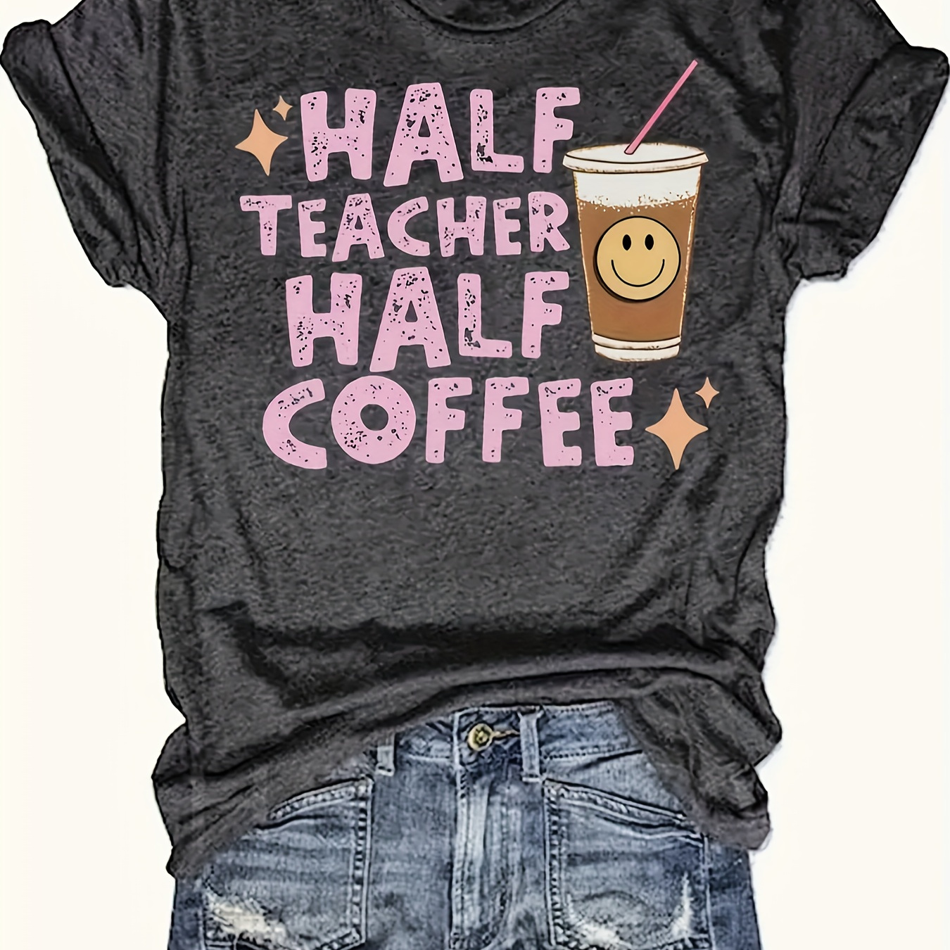 

Half Teacher Half Coffee Print Crew Neck T-shirt - Fashionable Womens Graphic Print T-shirt - Casual Short Sleeve Crew Neck Top - Lightweight & Breathable For Spring & Summer Wardrobe