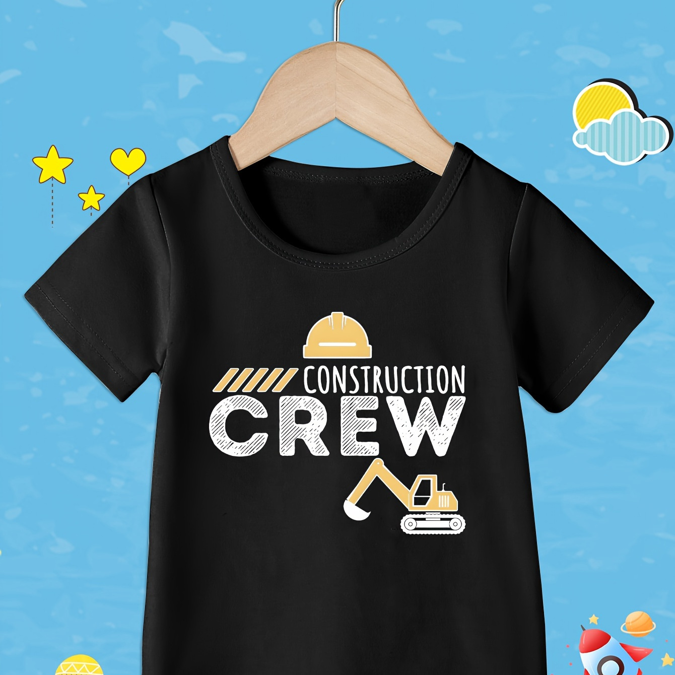 

construction Crew" Print T-shirt For Boys, Casual Short Sleeve Top, Boy's Clothing