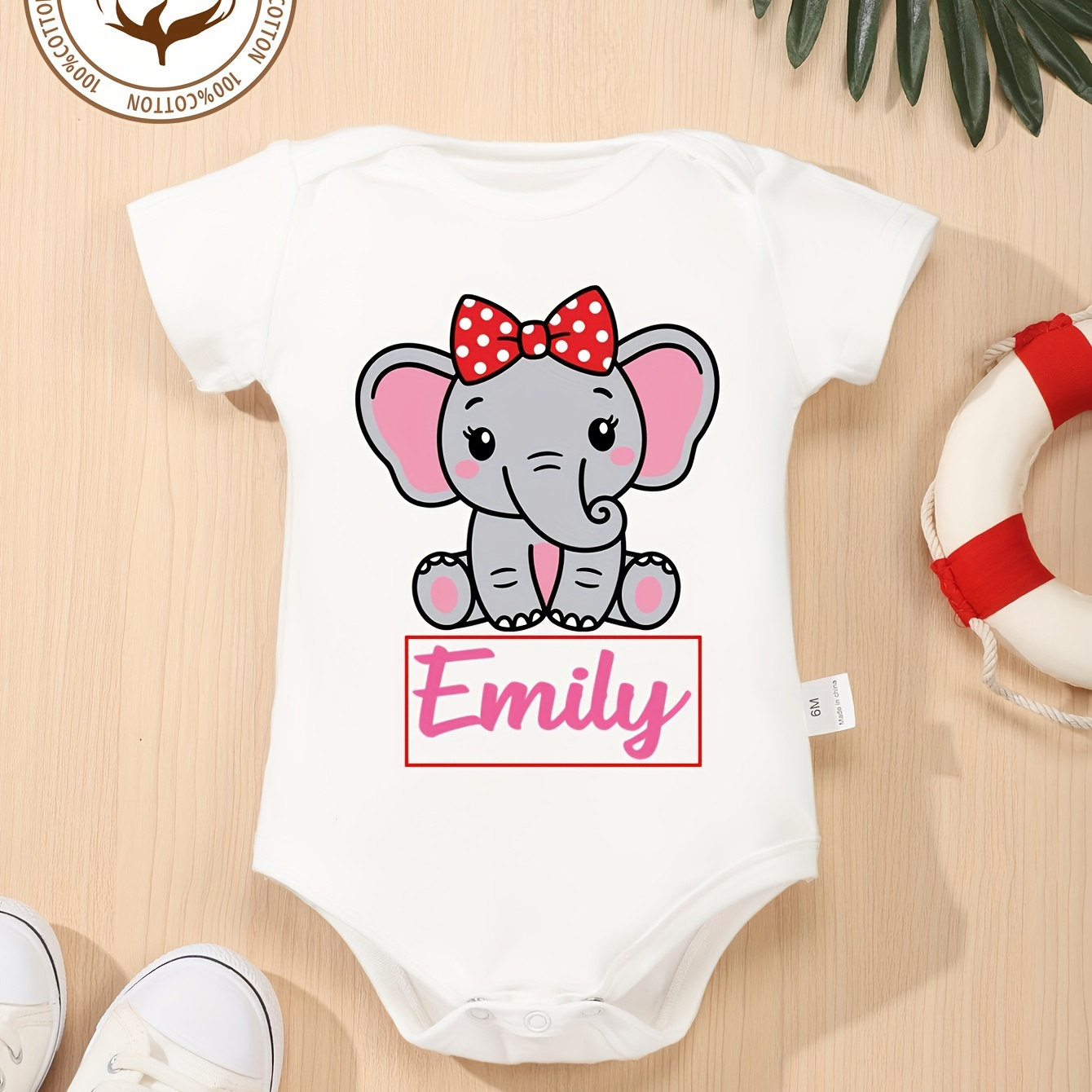 

Customized Baby Girl's Bodysuit, "......" Letter Customization & Bowknot Elephant Print Cotton Onesies, Comfy Casual Round Neck Romper For Infants & Toddlers