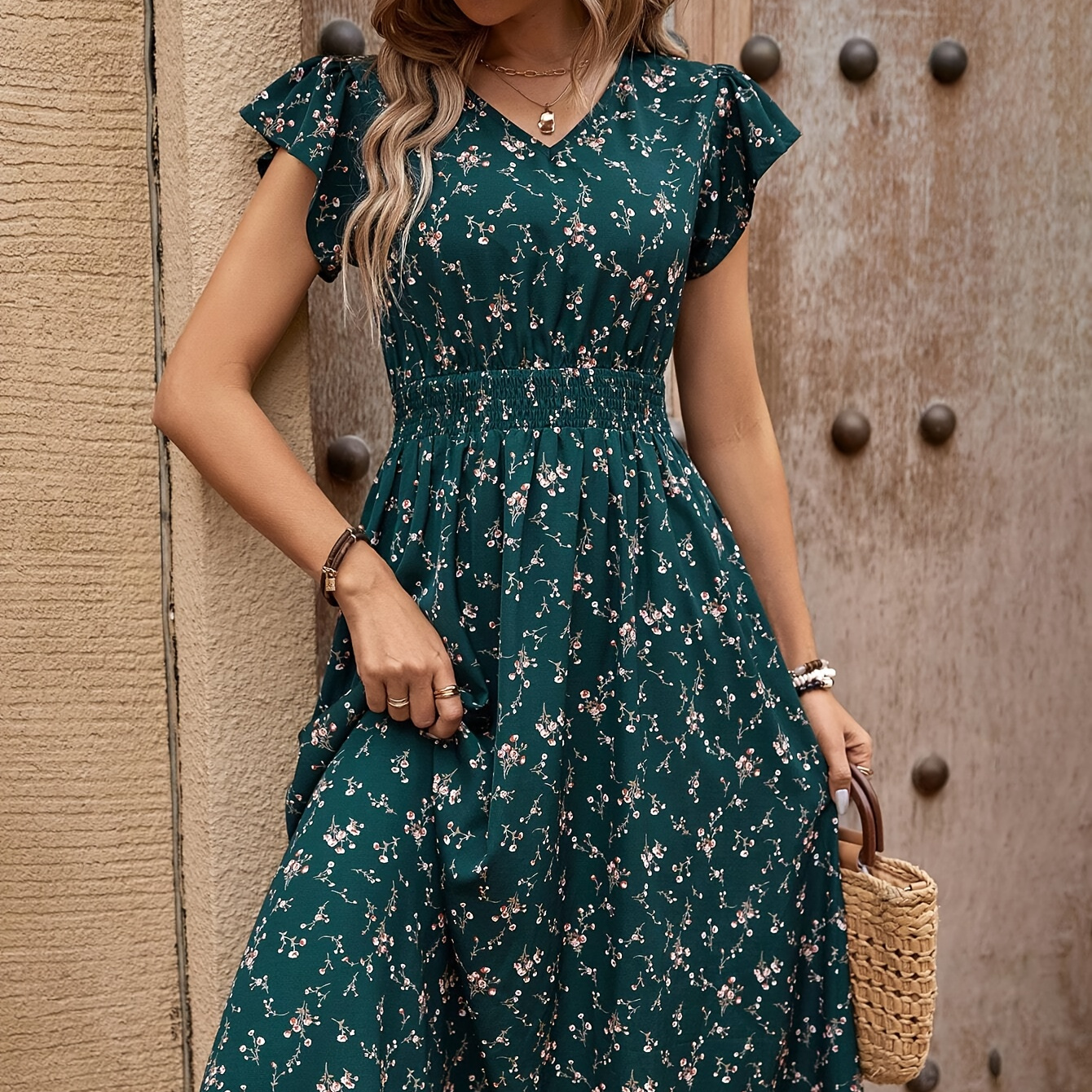 

Floral Print Shirred Waist A-line Dress, Elegant V Neck Short Sleeve Dress For Spring & Summer, Women's Clothing