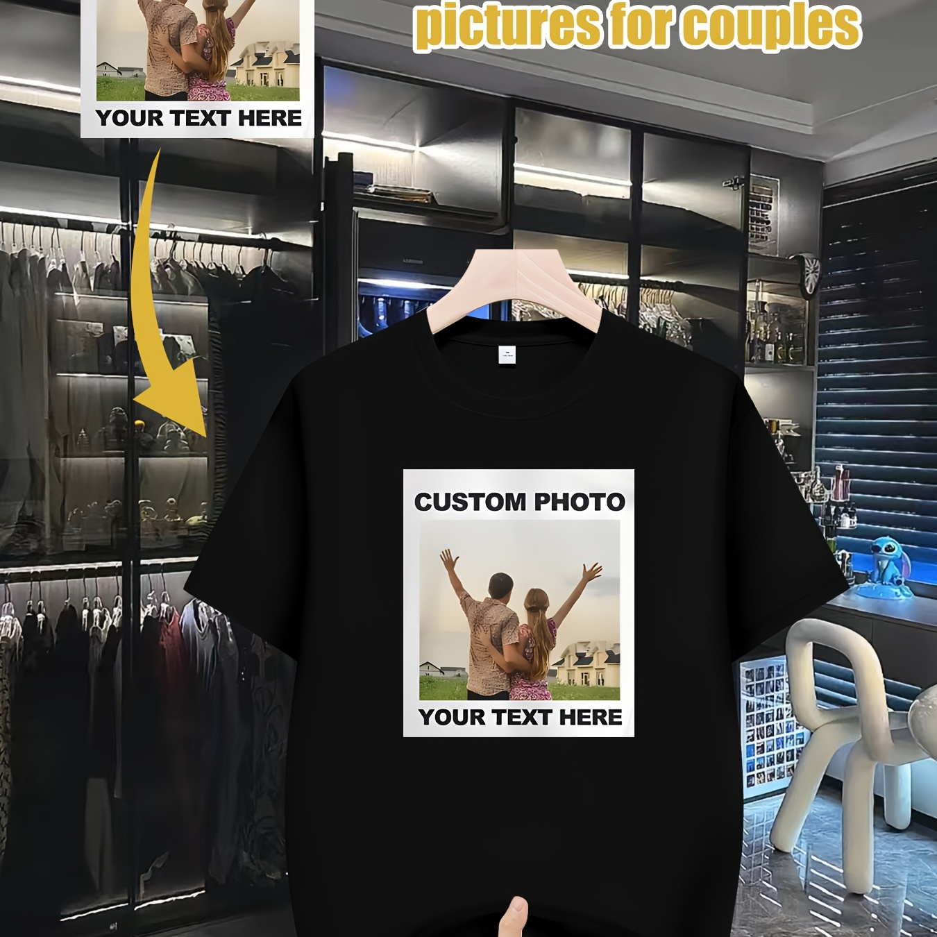 

Customizable Photo Men's T-shirt - Personalized Couple's Picture Print, Casual Polyester, Machine Washable, Round Neck - Ideal For Summer, Custom T Shirt