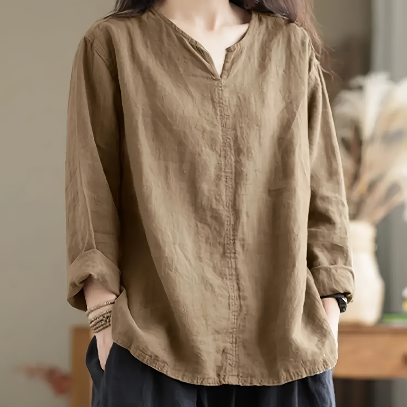 

Plain Color Notched Neck Blouse, Elegant Long Sleeve Minimalist Top For Spring & Fall, Women's Clothing