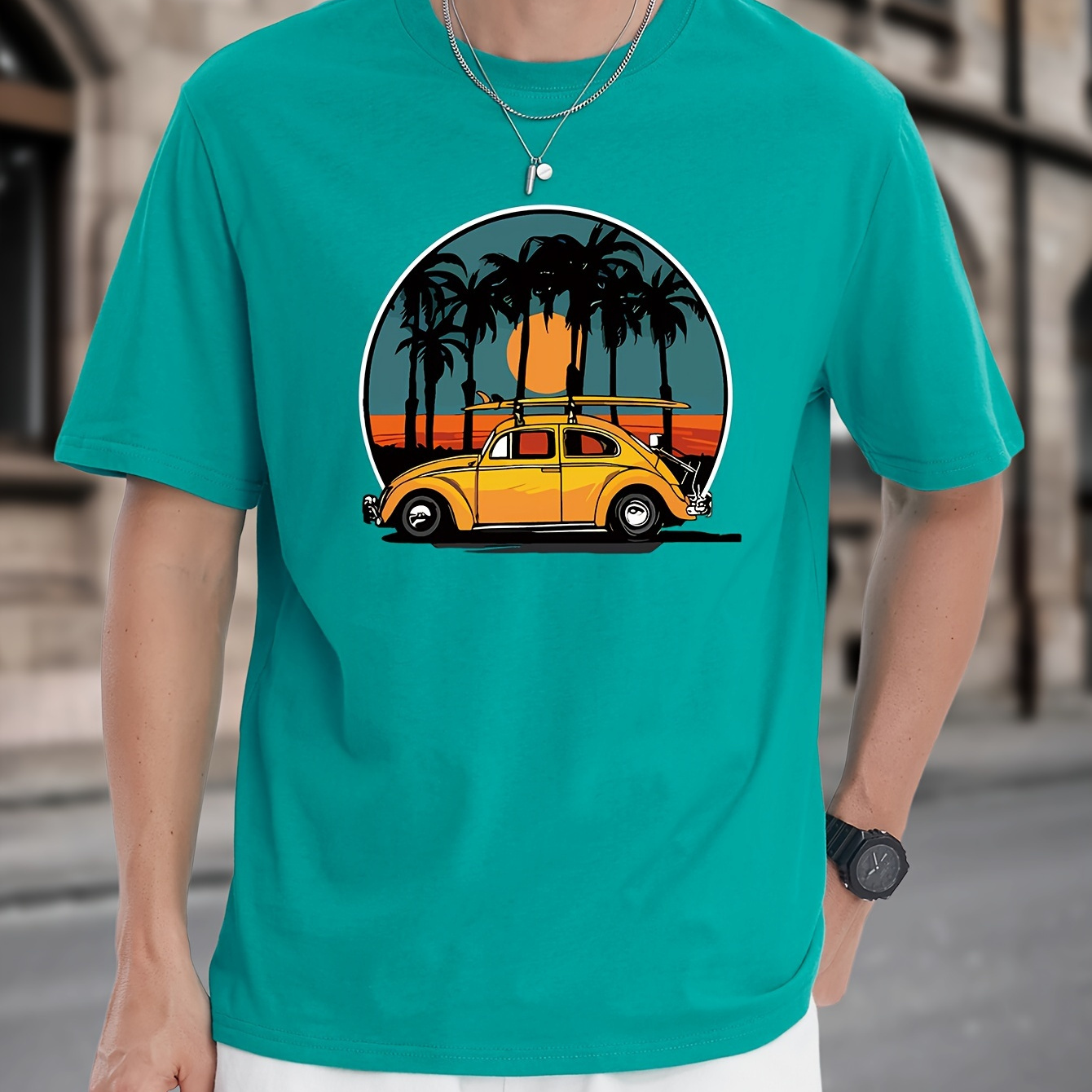 

T-shirt décontracté imprimé pour homme, col rond, manches courtes, motif de voiture de plage, t-shirt d'été, streetwear, 100 % pur coton respirant