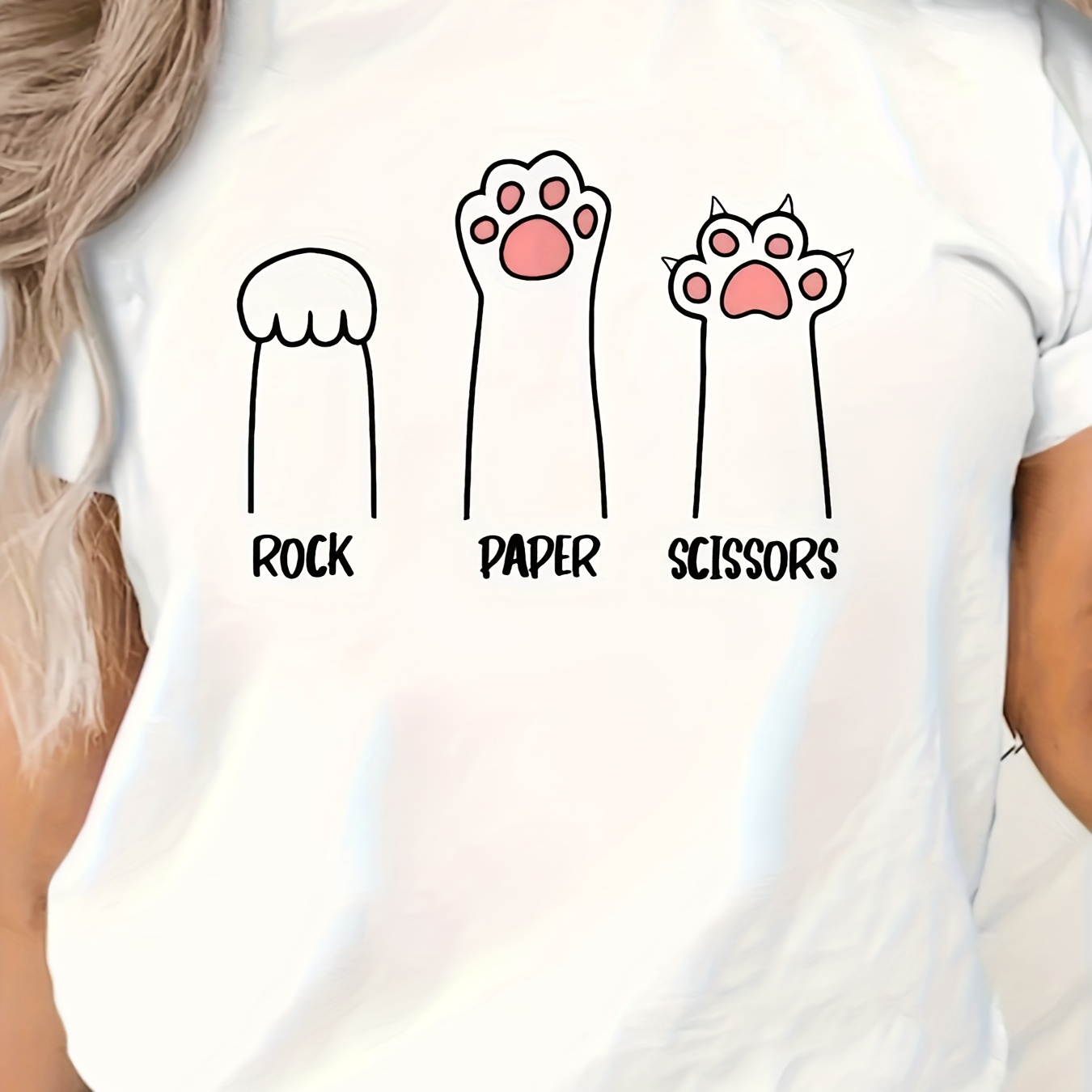 

Cartoon " Rock Paper Scissors " Print T-shirt, Casual Crew Neck Short Sleeve T-shirt For Spring & Summer, Women's Clothing
