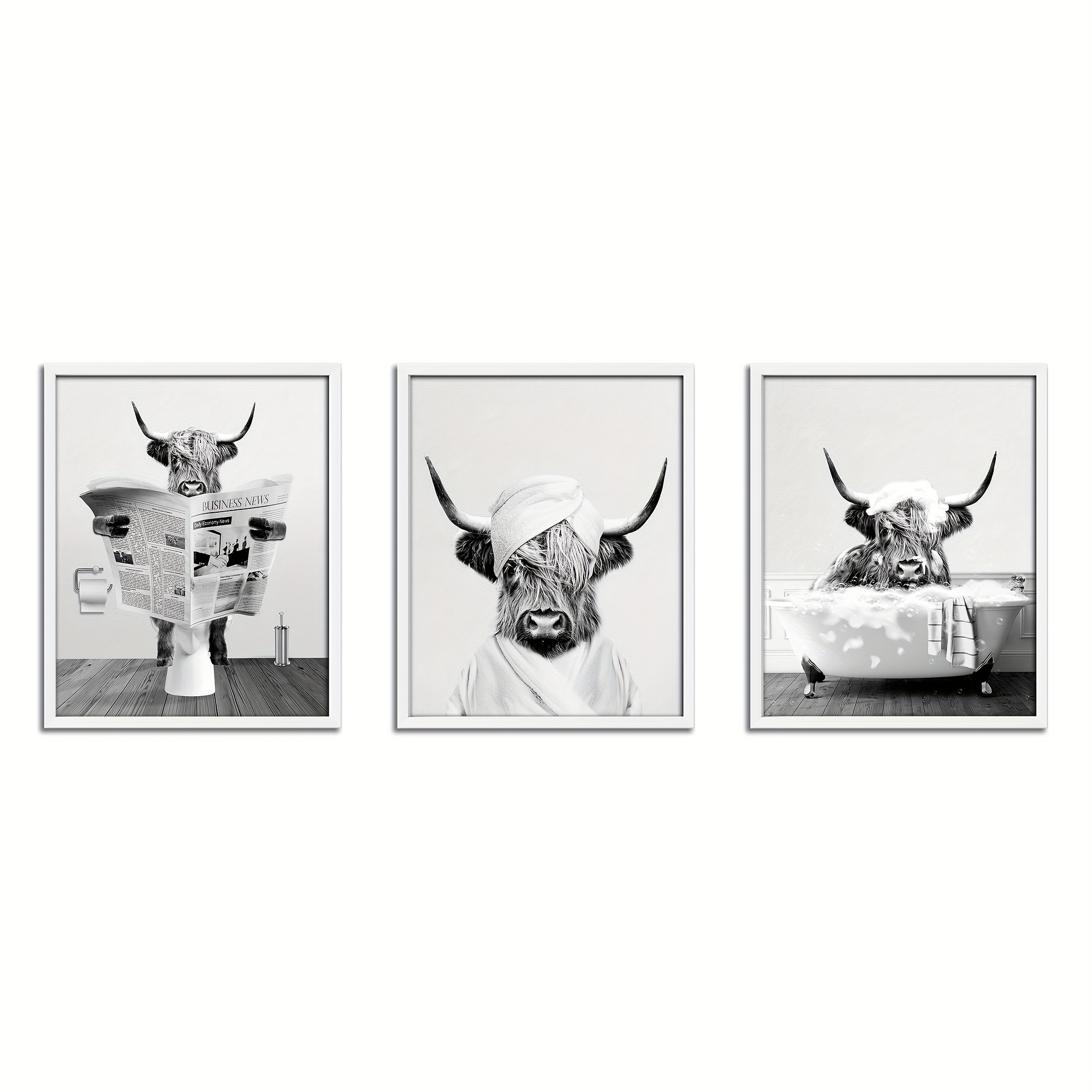 

3pcs/set Rustic Farmhouse Style Highland Cow Wall Art For Living Room, Bedroom, And Kids Bathroom - Black And White Canvas Print, Humorous Animal Bathroom Artwork, 12x16 Inches, No Frame