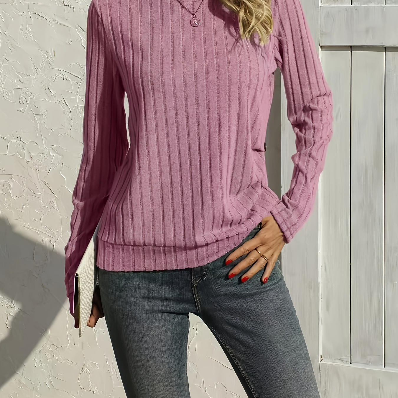 

Women's Elegant Ribbed Long Sleeve Top - Casual Crew Neck, Stretchy Polyester, Machine Washable - Chic & Cozy For All