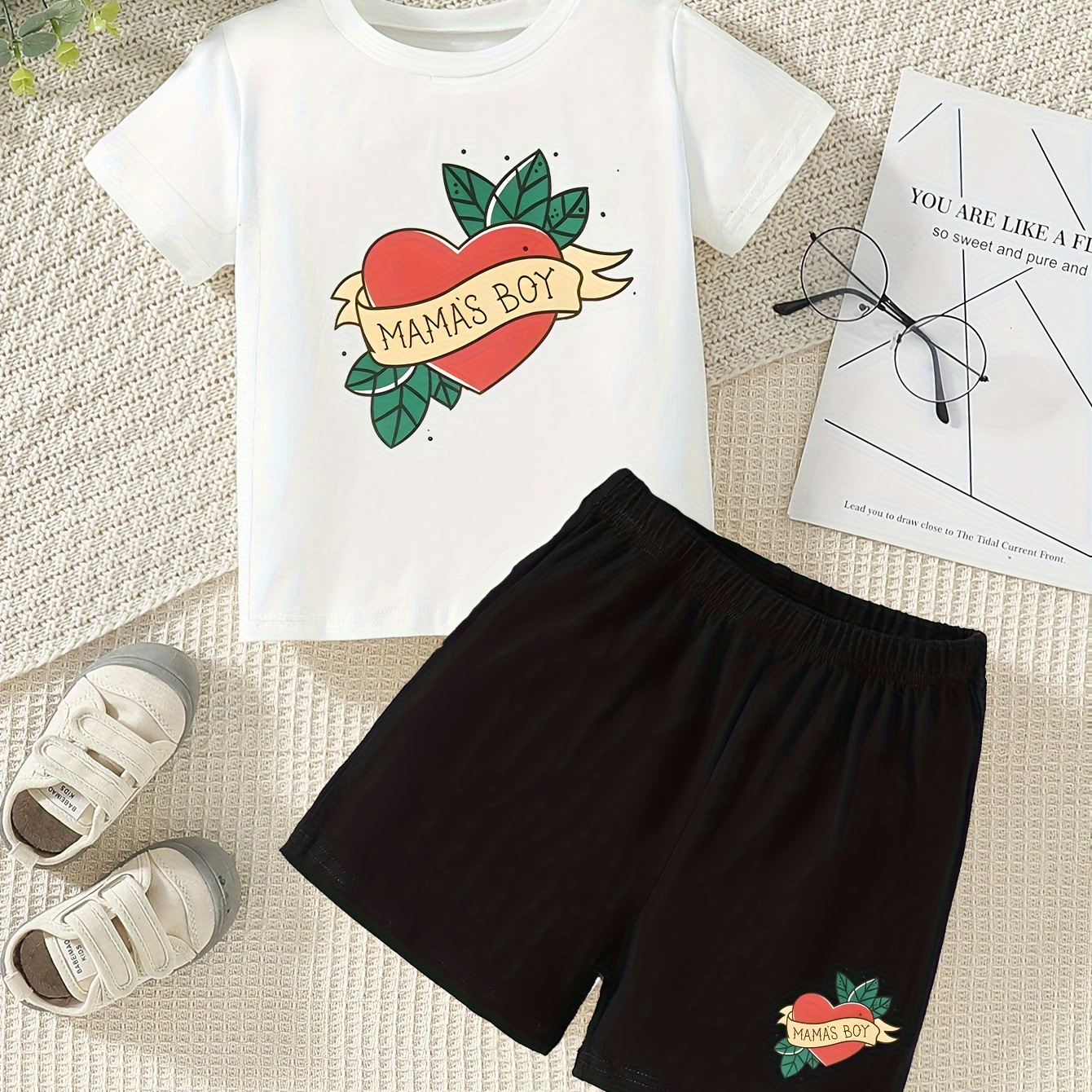 

2pcs Mama's Boy & Heart Print Casual Short Sleeve T-shirt & Shorts Set For Boys, Cool Comfortable Trendy Versatile Boys Summer Outfits Clothes