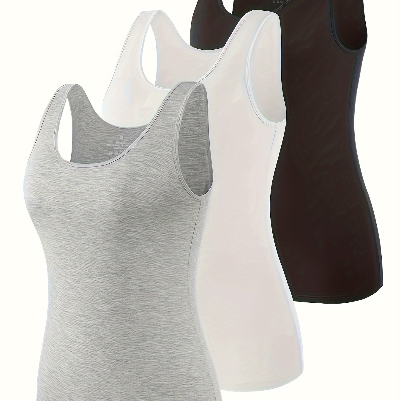 

3pcs Women's Slim Fit Tank Tops In Gray, White, & Black - Breathable Rayon , Stretchy Sleeveless Shirts With Racerback Design For Casual Wear - Machine Washable