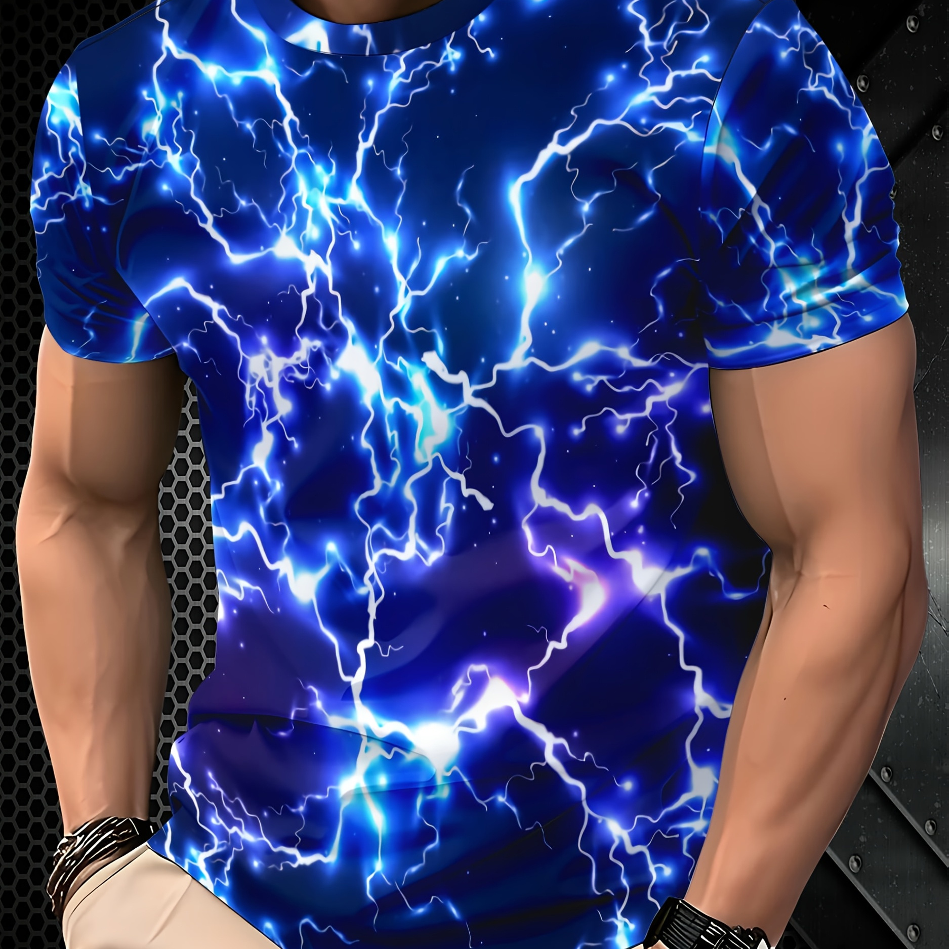 

Men's 3d Blue Lightning Print T-shirt - Casual Short Sleeve, Summer Outdoor Wear, Stretch Polyester , Machine Washable