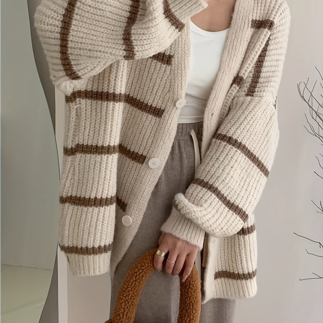 Striped Button Knit Cardigan Casual Long Sleeve Oversized - Temu