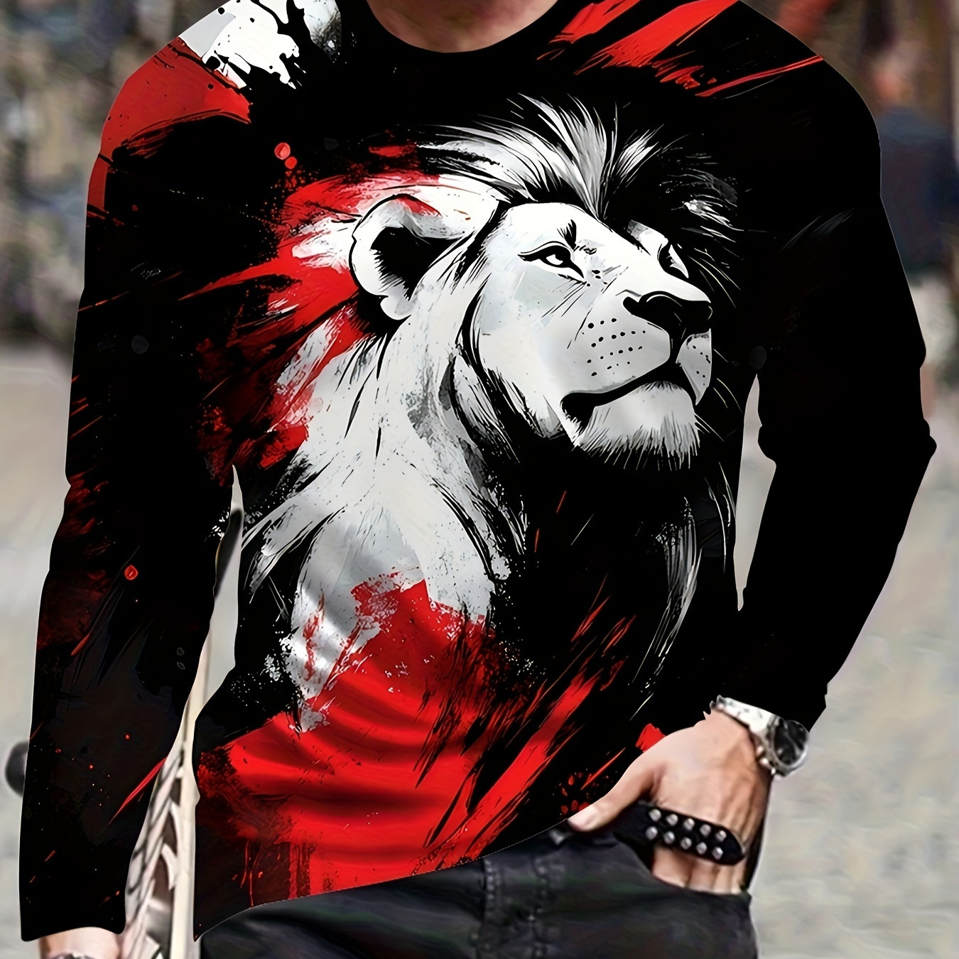 

Watercolor Lion Print Long Sleeve Men's T-shirt - , Regular Fit, Polyester Material, Animal , Seasonal Wear, Long Sleeves, Crew Neck, Knit Fabric, No