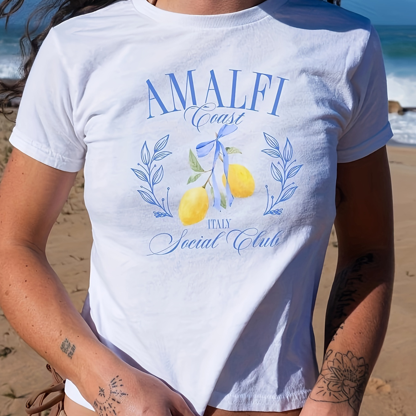 

Crop Lemon Print T-shirt, Short Sleeve Crew Neck Casual Top For Summer & Spring, Women's Clothing