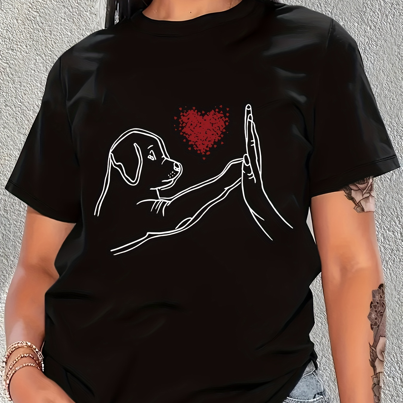 

Heart & Cute Dog Print Crew Neck T-shirt, Casual Short Sleeve Top For Spring & Summer, Women's Clothing