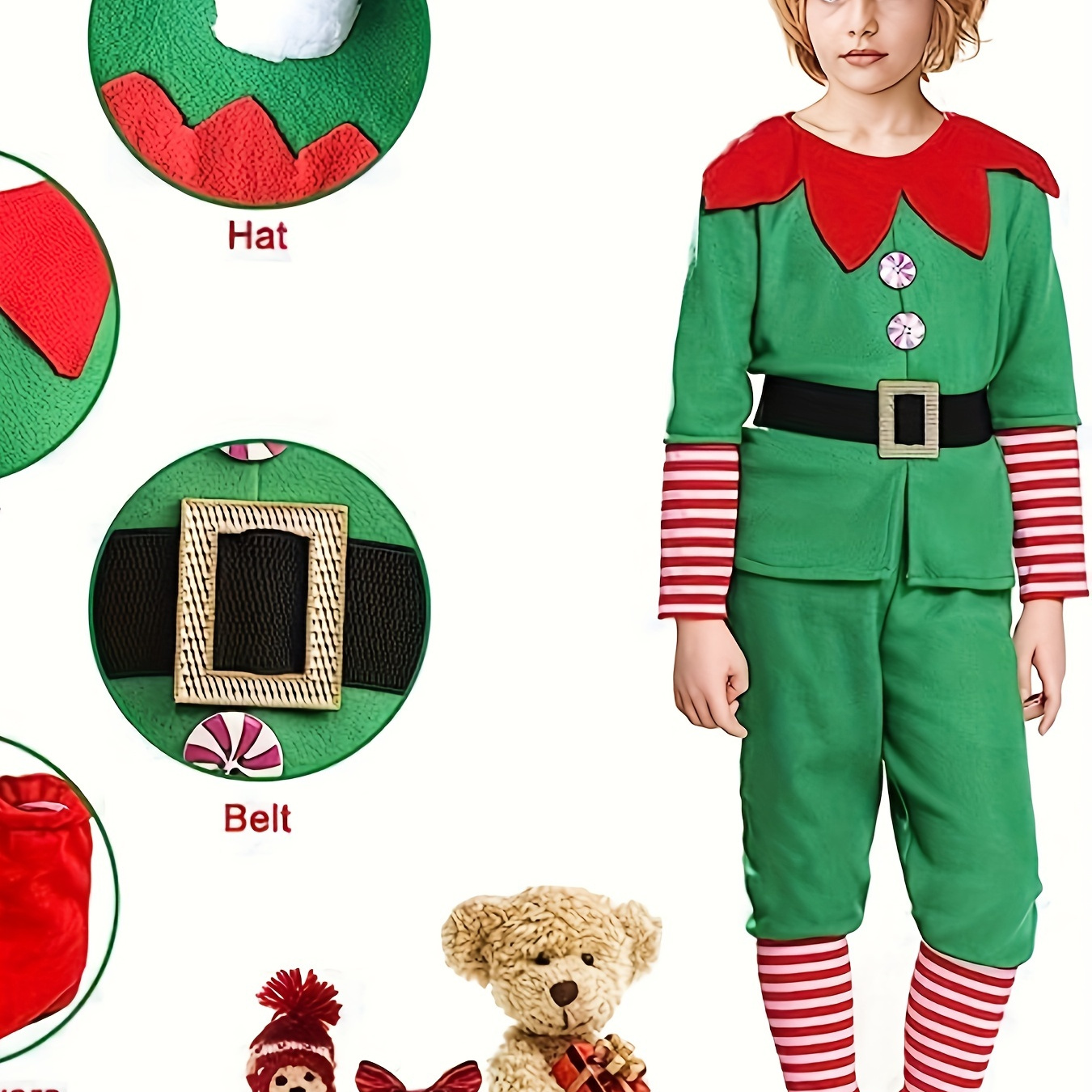 

5pcs Kids Christmas Elf Costume, Costume Hat & Top & Pants & Belt & Shoe Covers For Girls Boys Dress Up Clothes Carnival Outfit Set