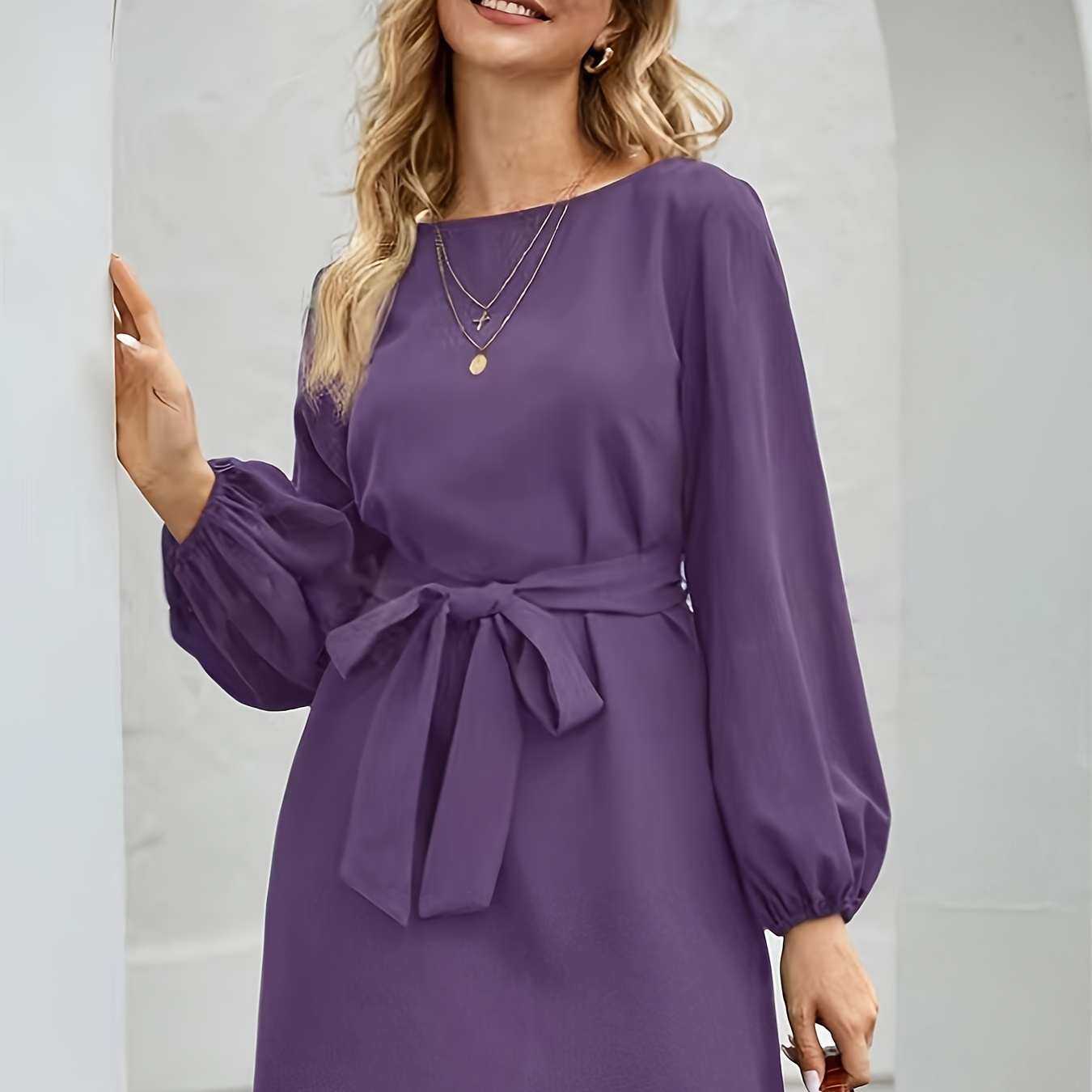 

Tie Waist Crew Neck Dress, Elegant Lantern Sleeve Dress For Spring & Fall, Women's Clothing