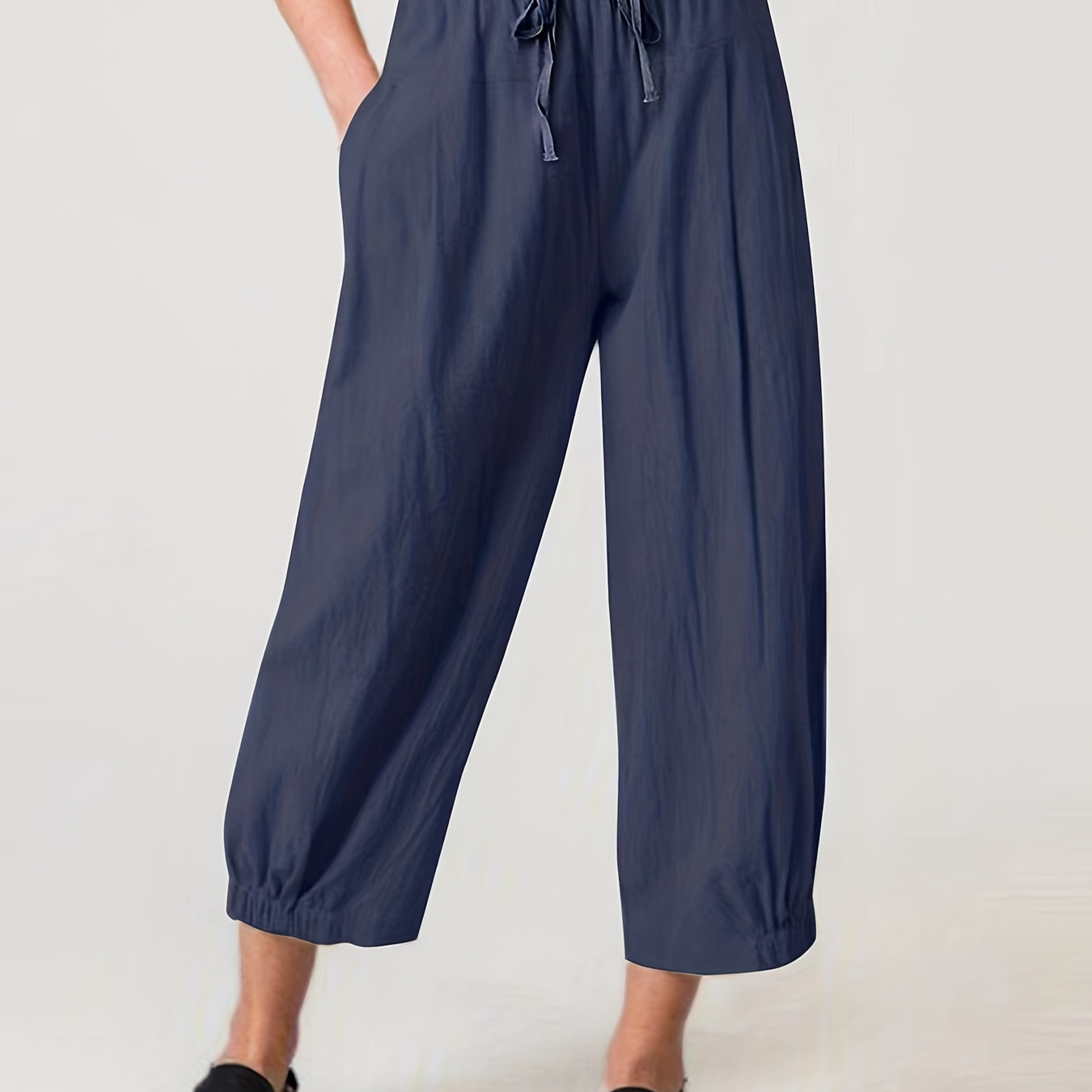 

Plus Size Casual Pants, Women's Plus Solid Drawstring Straight Leg Pants With Pockets