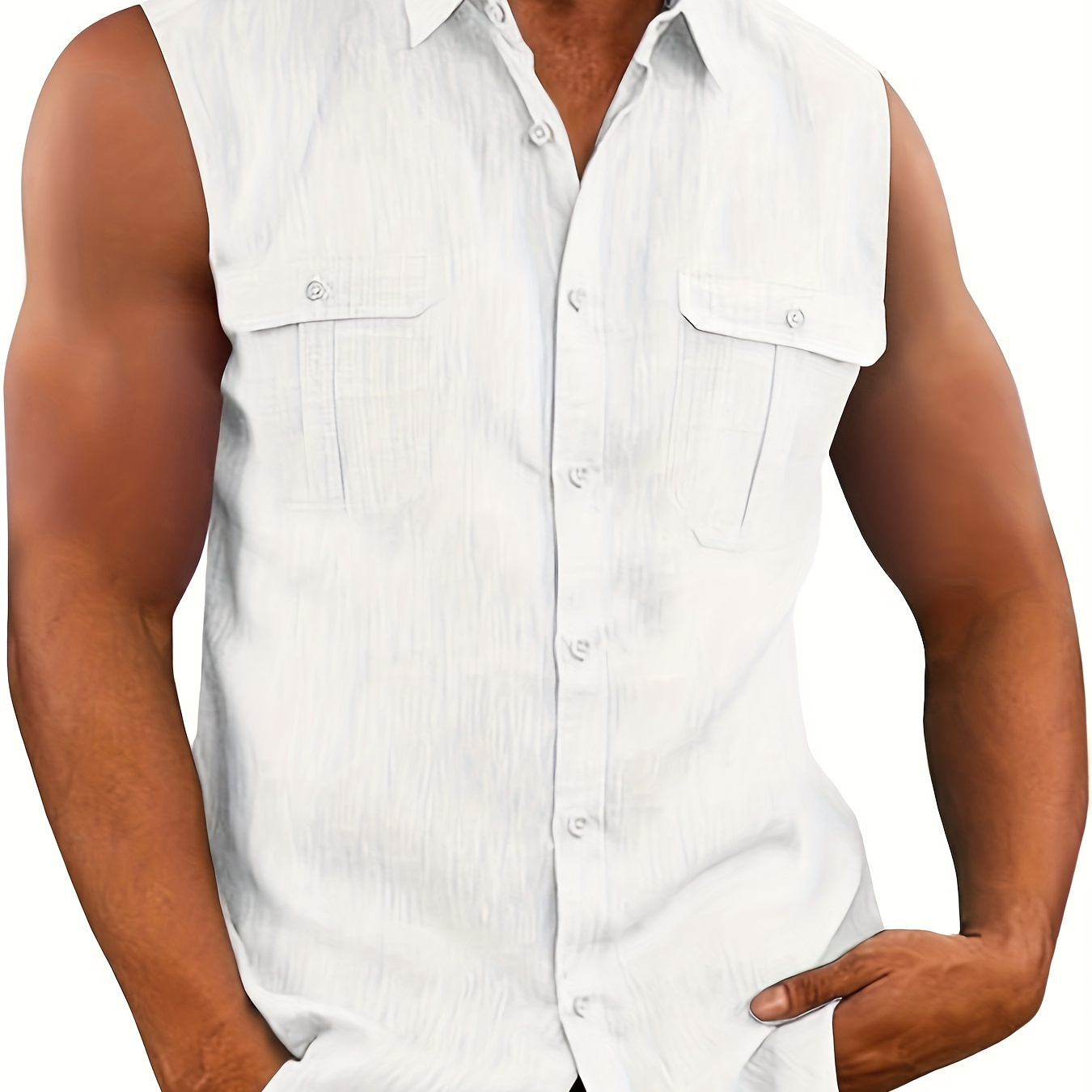

Men's Sleeveless Button-up Shirt In Solid Color, Summer Beach Basics, Casual Sleeveless Vest Top