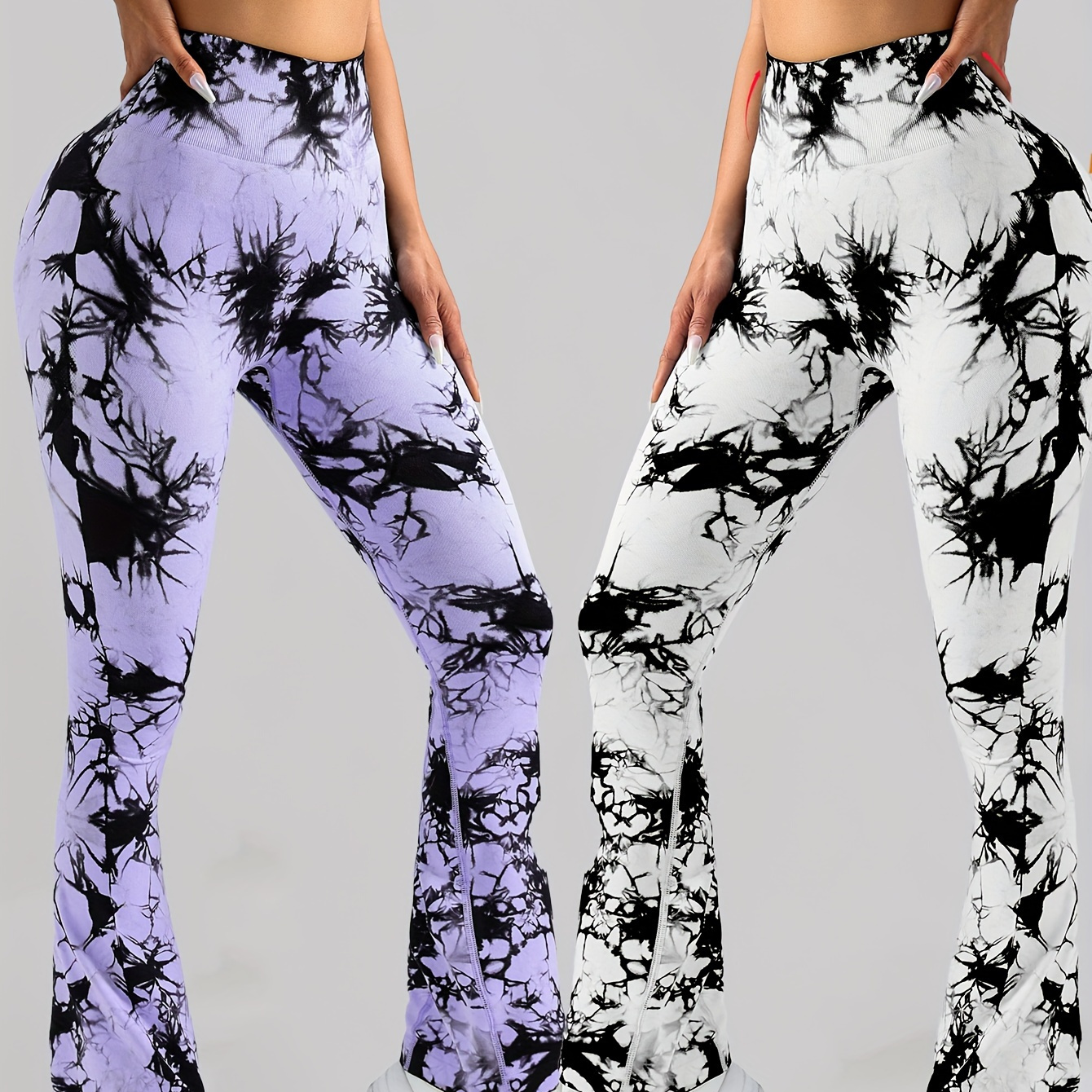 

2-pack Of Tie-dye Hip-lifting Sports Women's Yoga Pants, Workout Leggings Sets For Women, Tie Dye Flared Leggings High Waisted Tummy Control Workout Bell Bottom Yoga Pants