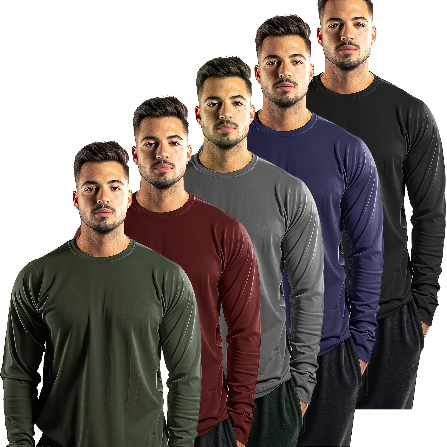 

5 Piece Men' Color Crew Neck Long Sleeve T-shirt, Quick Drying Moisture Absorption Sunscreen Sweatshirt, Fitness Top, Lt8049