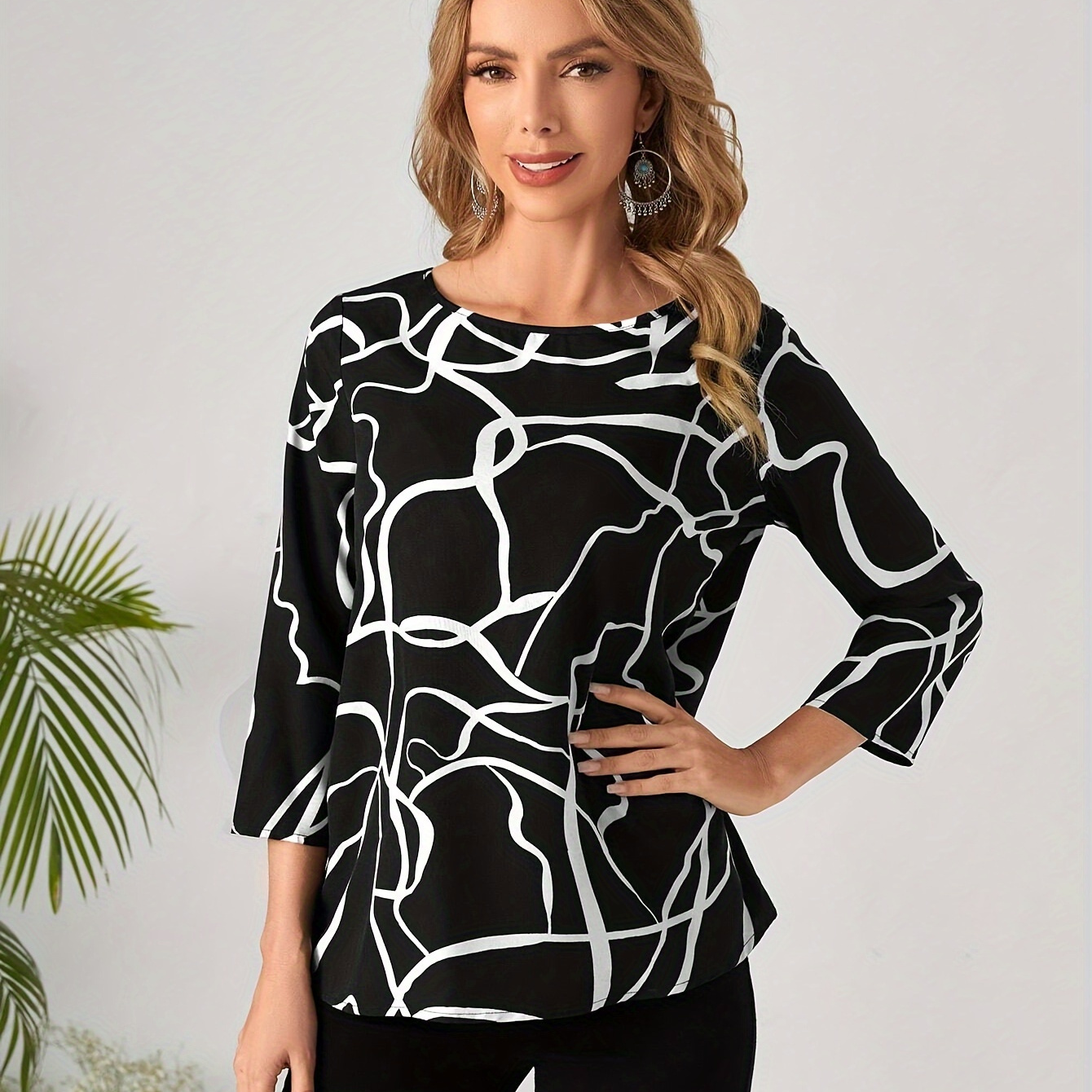 

Geo Print Crew Nec Blouse, Elegant 3/4 Sleeve Top For Spring & Fall, Women's Clothing