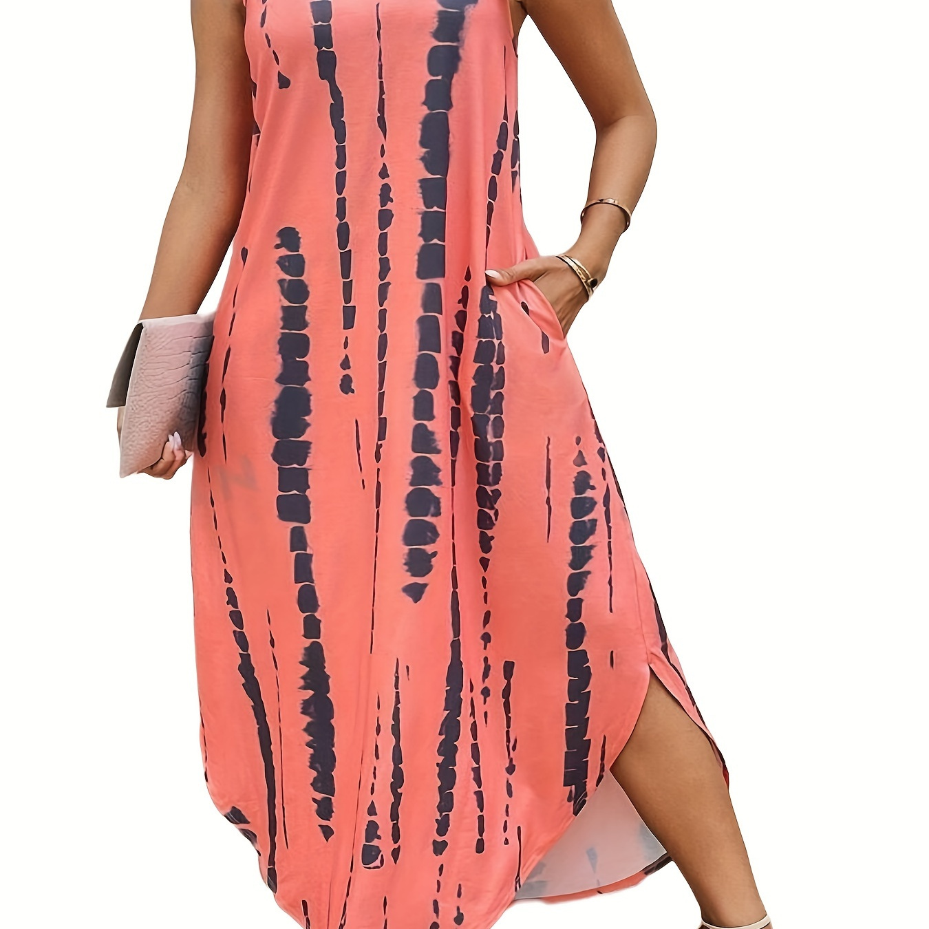 

Plus Size Abstract Print Curved Hem Tank Dress, Casual Crew Neck Sleeveless Dress For Spring & Summer, Women's Plus Size Clothing