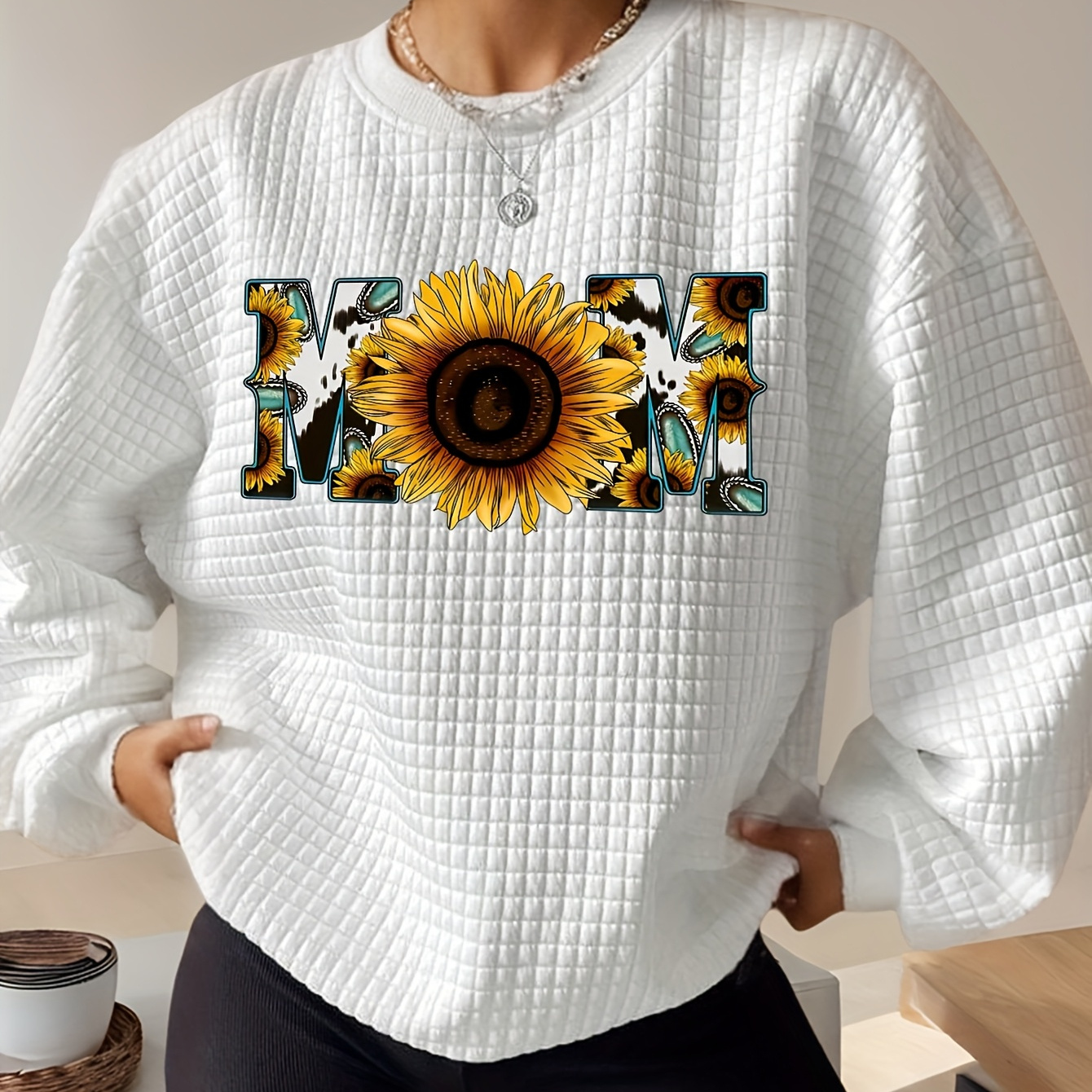 

1pc Women's Casual Waffle Knit Sweatshirt With Letter Print, Polyester Round Neck Long Sleeve Pullover For Autumn/winter - Day Fashion Top