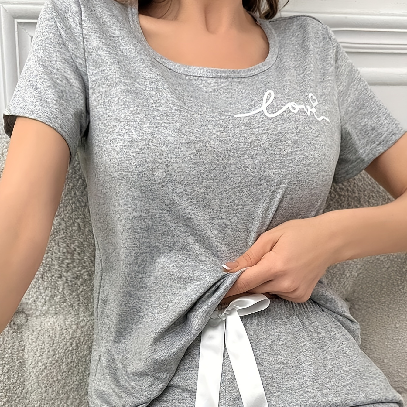 

Casual Heart & Letter Print Pajama Tops, Short Sleeve Round Neck T-shirt, Women's Sleepwear & Loungewear