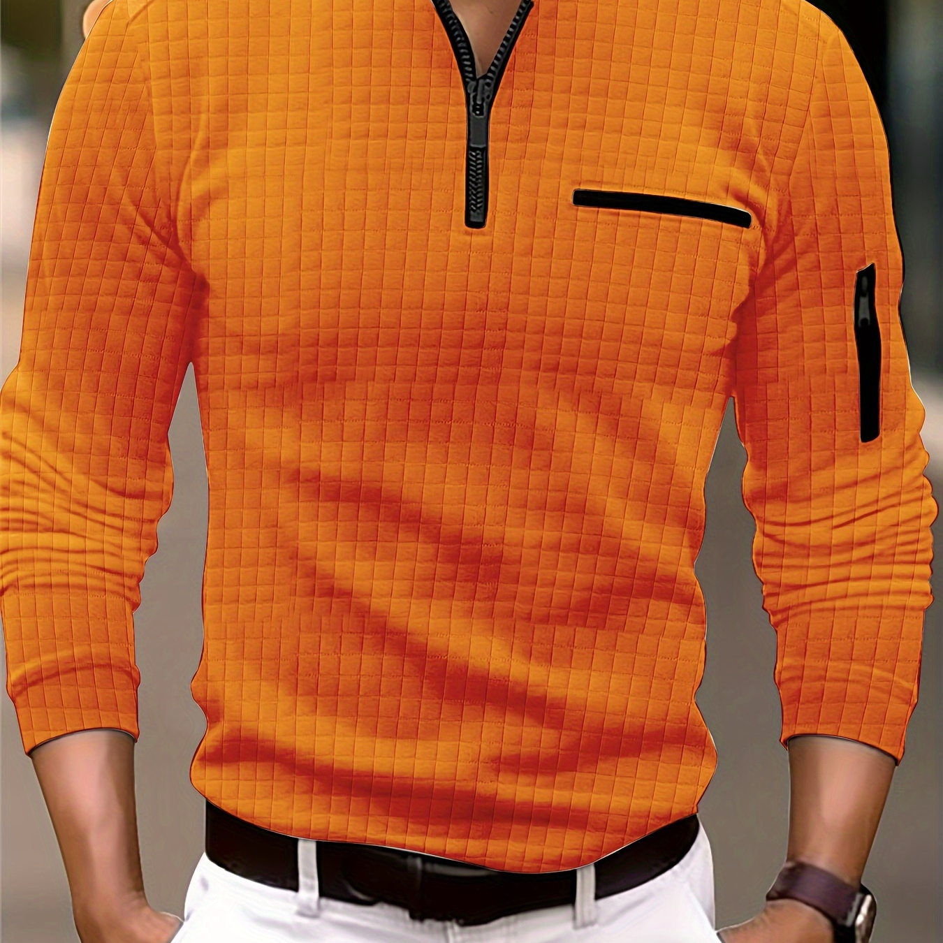 Men's Checkered Print Shirt, Casual Half Zipper Turtle Neck Long Sleeve Tee Top For Outdoor Activities