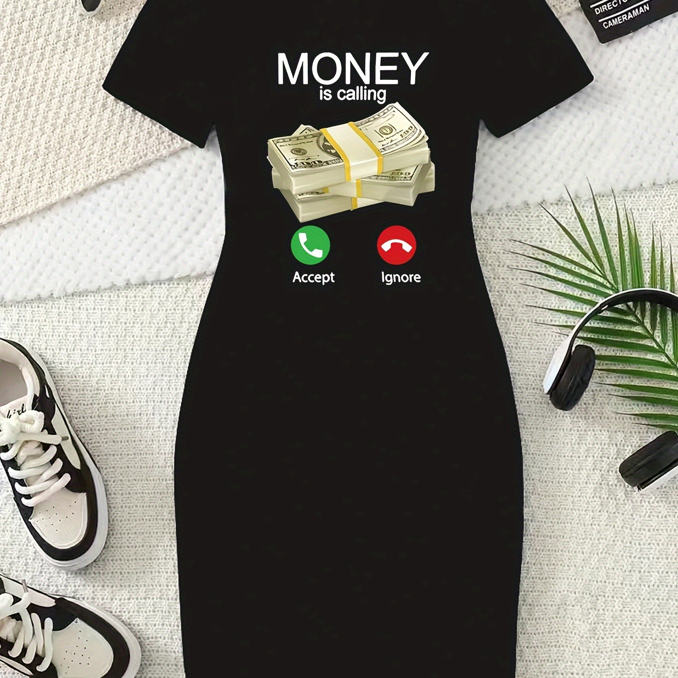 

Money Print Crew Neck Tee Dress, Casual Short Sleeve Dress For Summer & Spring, Women's Clothing