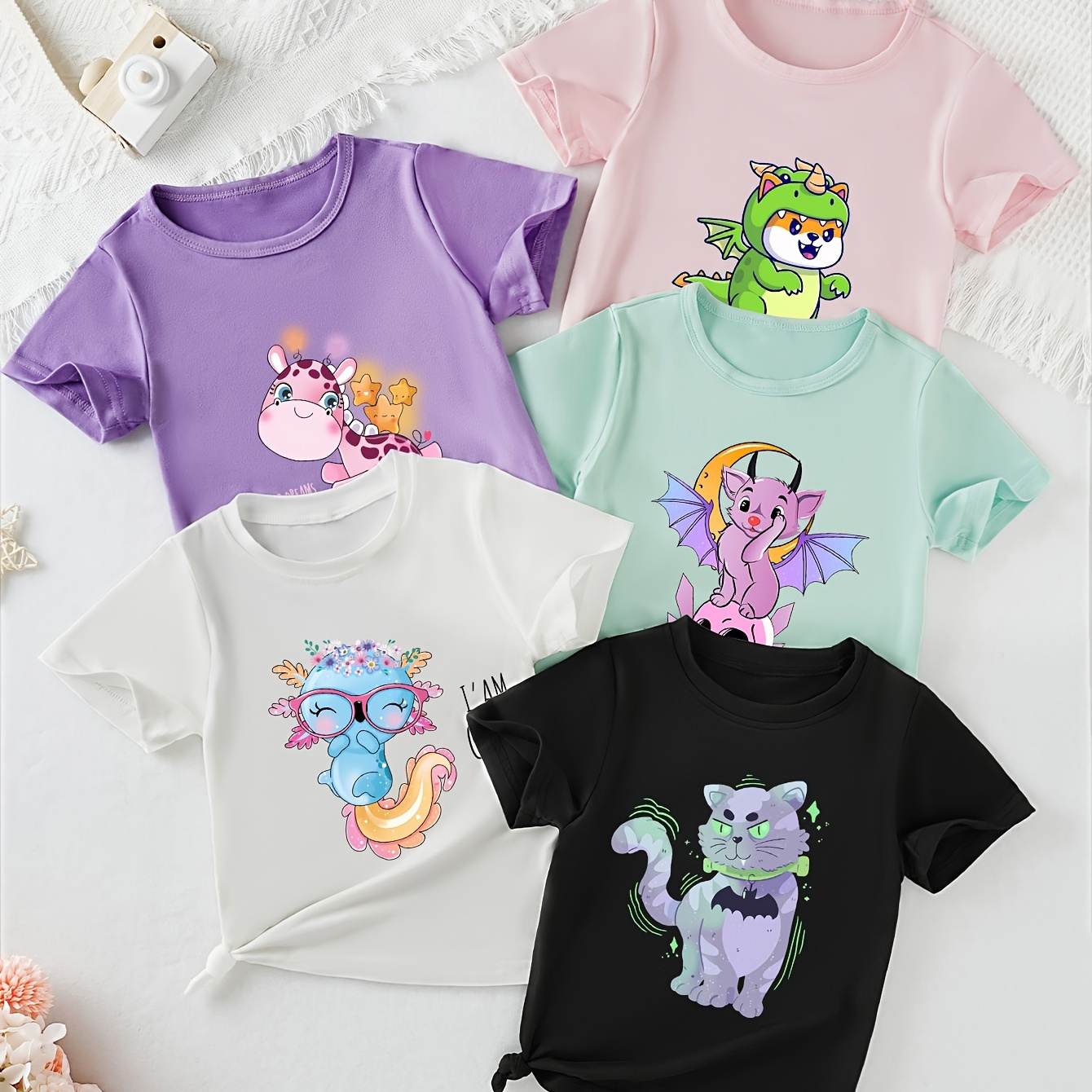 

5-pack Girls' Summer Crew Neck Short Sleeve T-shirts With Cute Giraffe, Cat, Bat, Dinosaur And Salamander Graphic Print, Girls' Casual & Comfy Tees