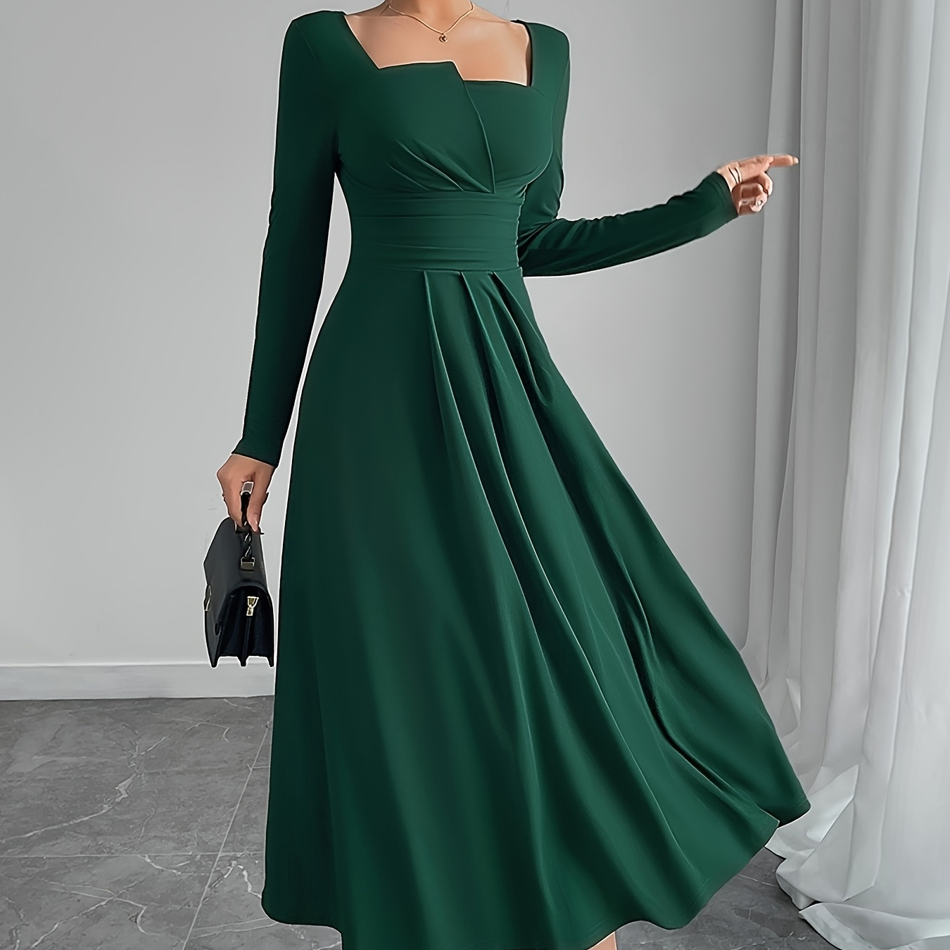 

Solid Neck Long Elegant Dress, Women's Clothing