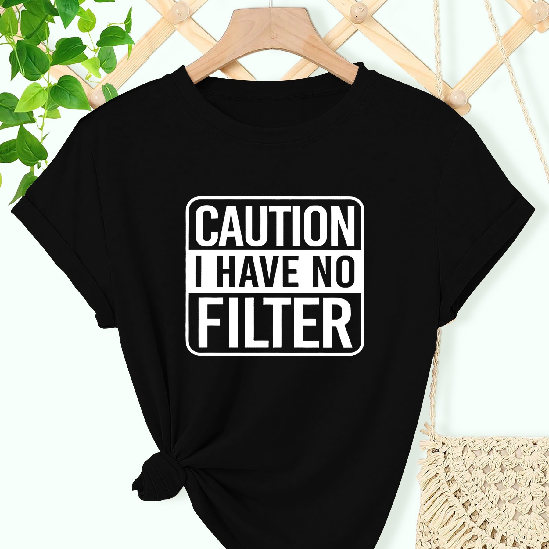 

Women's Casual Round Neck Short Sleeve T-shirt With "caution I Have No Filter" Print, Summer Sports Leisure Tee