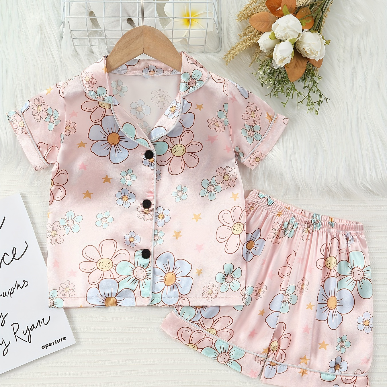 

Girls' Summer 2-piece Pajama Set, Cute Cartoon Floral Print Short Sleeve Shirt Top & Shorts, Kids' Home/air-conditioning Wear