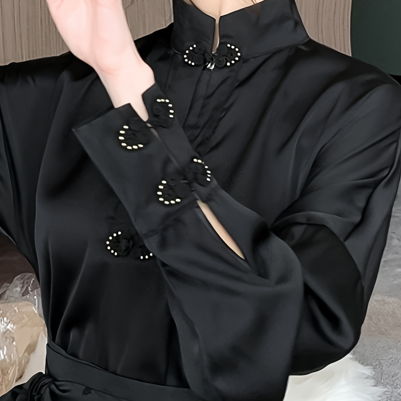

Solid Color Button Front Blouse, Elegant Stand Collar Long Sleeve Tie Front Blouse For Every Day, Women's Clothing